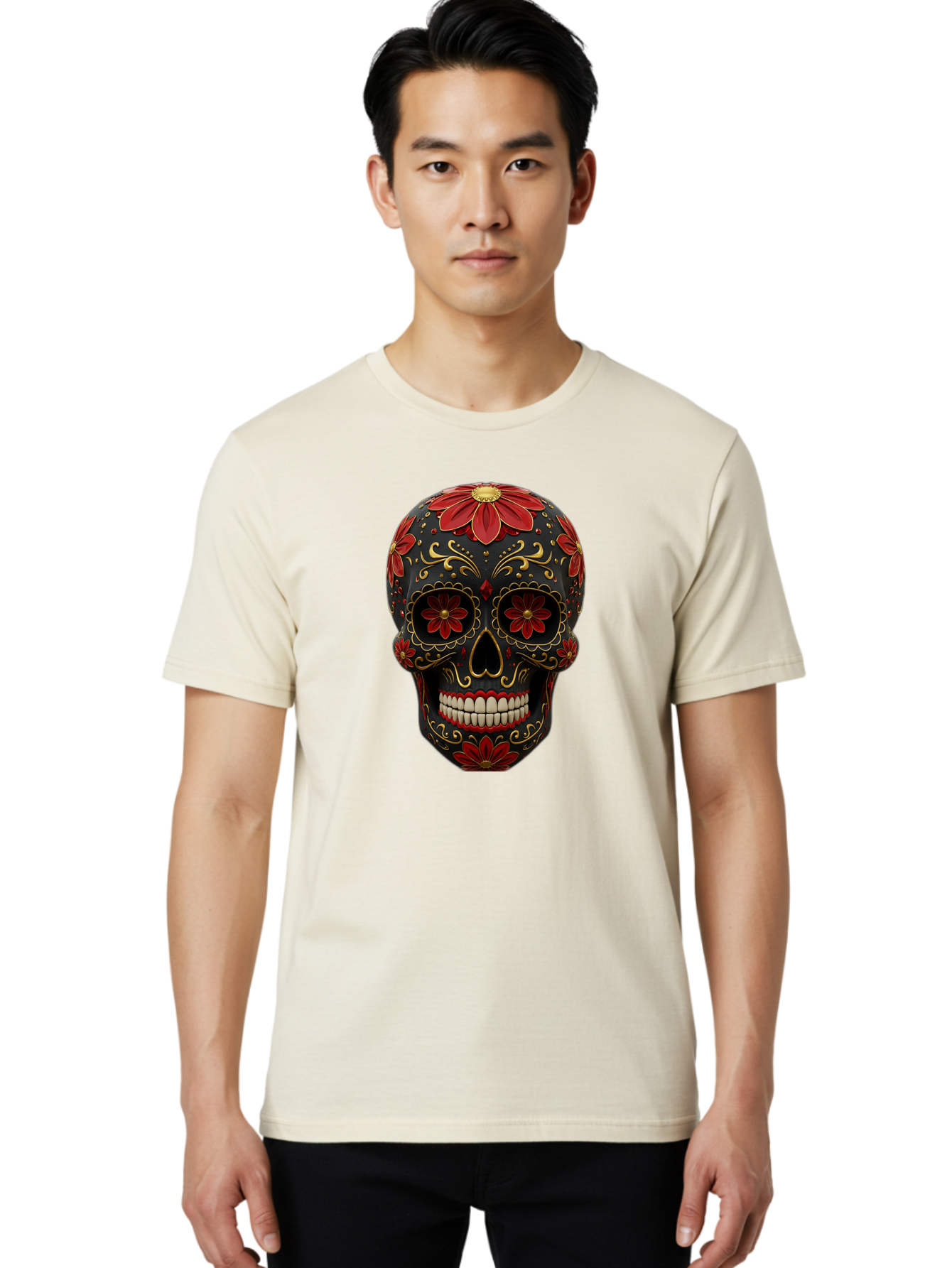 Sugar-Skull-14 Men'S Graphic Tee, 100% Cotton, Comfortable Casual Summer Wear, Machine Washable, Sugar Skull, Day Of The Dead, Floral Designs, Skull Art, Mexican Culture, Gold Filigree, Red Flowers, Black Skull, Decorative Skull, Bad763 21