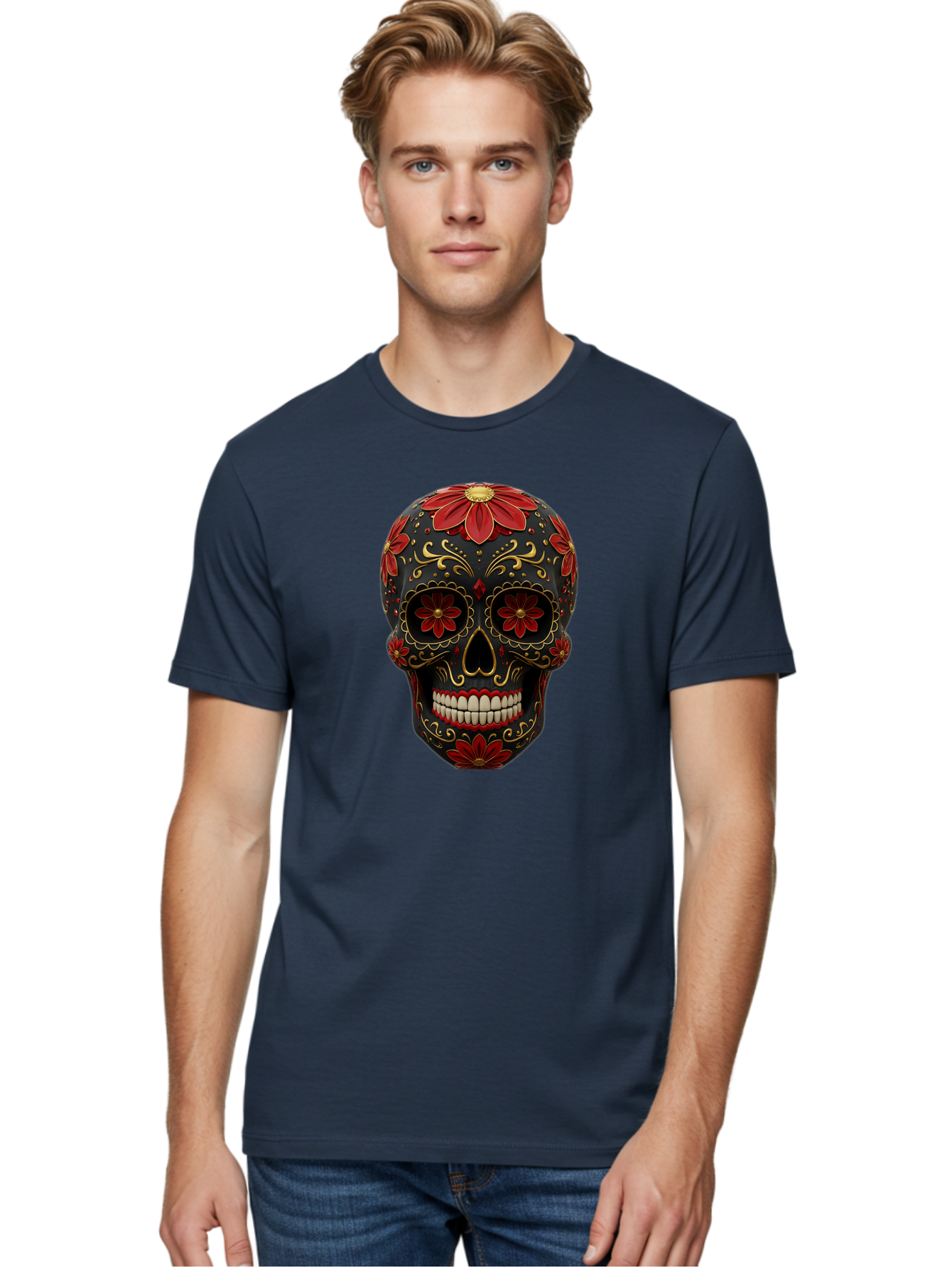 Sugar-Skull-14 Men'S Graphic Tee, 100% Cotton, Comfortable Casual Summer Wear, Machine Washable, Sugar Skull, Day Of The Dead, Floral Designs, Skull Art, Mexican Culture, Gold Filigree, Red Flowers, Black Skull, Decorative Skull, Bad763 27