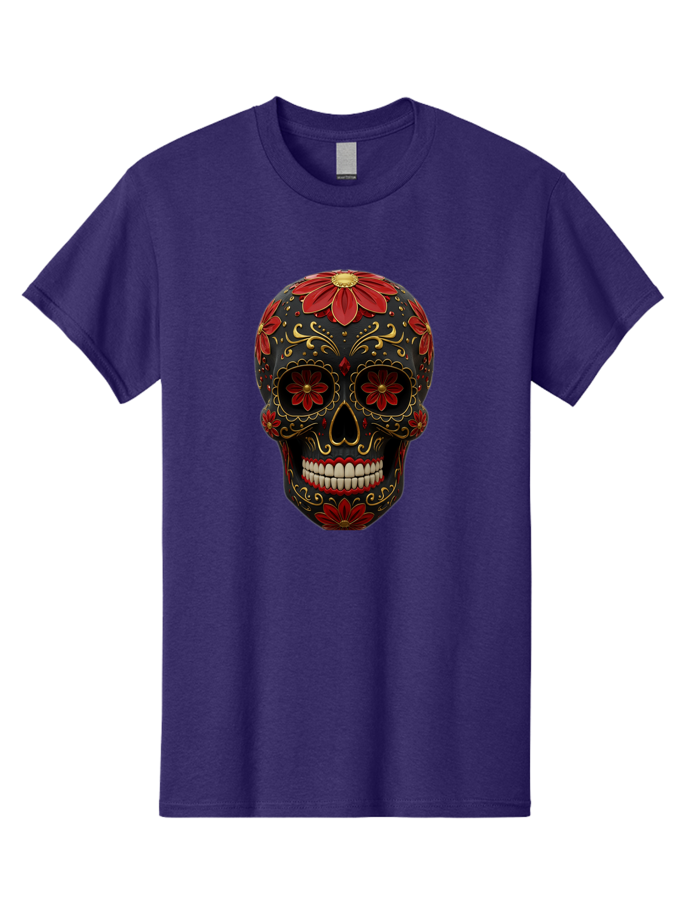 Sugar-Skull-14 Men'S Graphic Tee, 100% Cotton, Comfortable Casual Summer Wear, Machine Washable, Sugar Skull, Day Of The Dead, Floral Designs, Skull Art, Mexican Culture, Gold Filigree, Red Flowers, Black Skull, Decorative Skull, Bad763 15