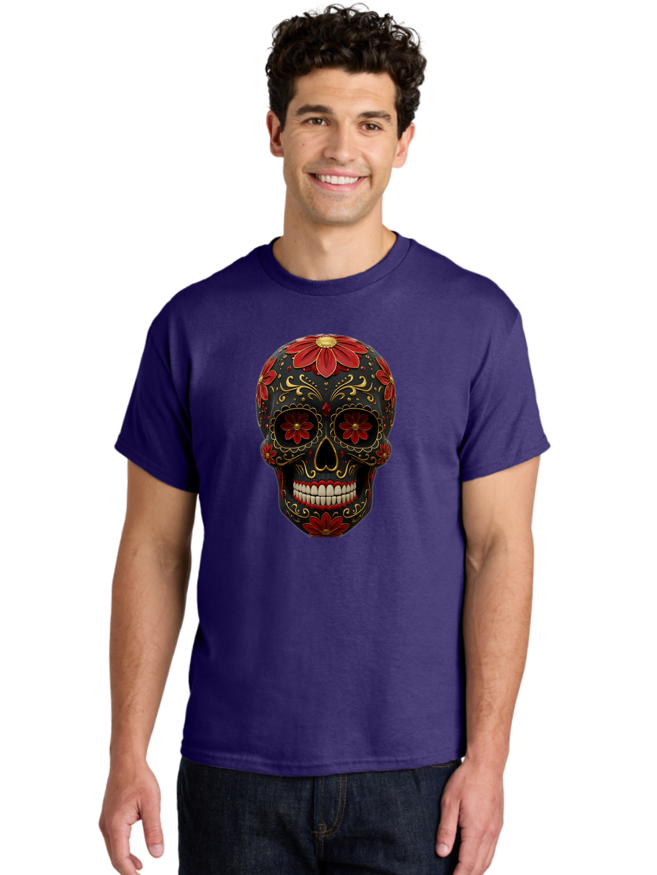 Sugar-Skull-14 Men'S Graphic Tee, 100% Cotton, Comfortable Casual Summer Wear, Machine Washable, Sugar Skull, Day Of The Dead, Floral Designs, Skull Art, Mexican Culture, Gold Filigree, Red Flowers, Black Skull, Decorative Skull, Bad763 30