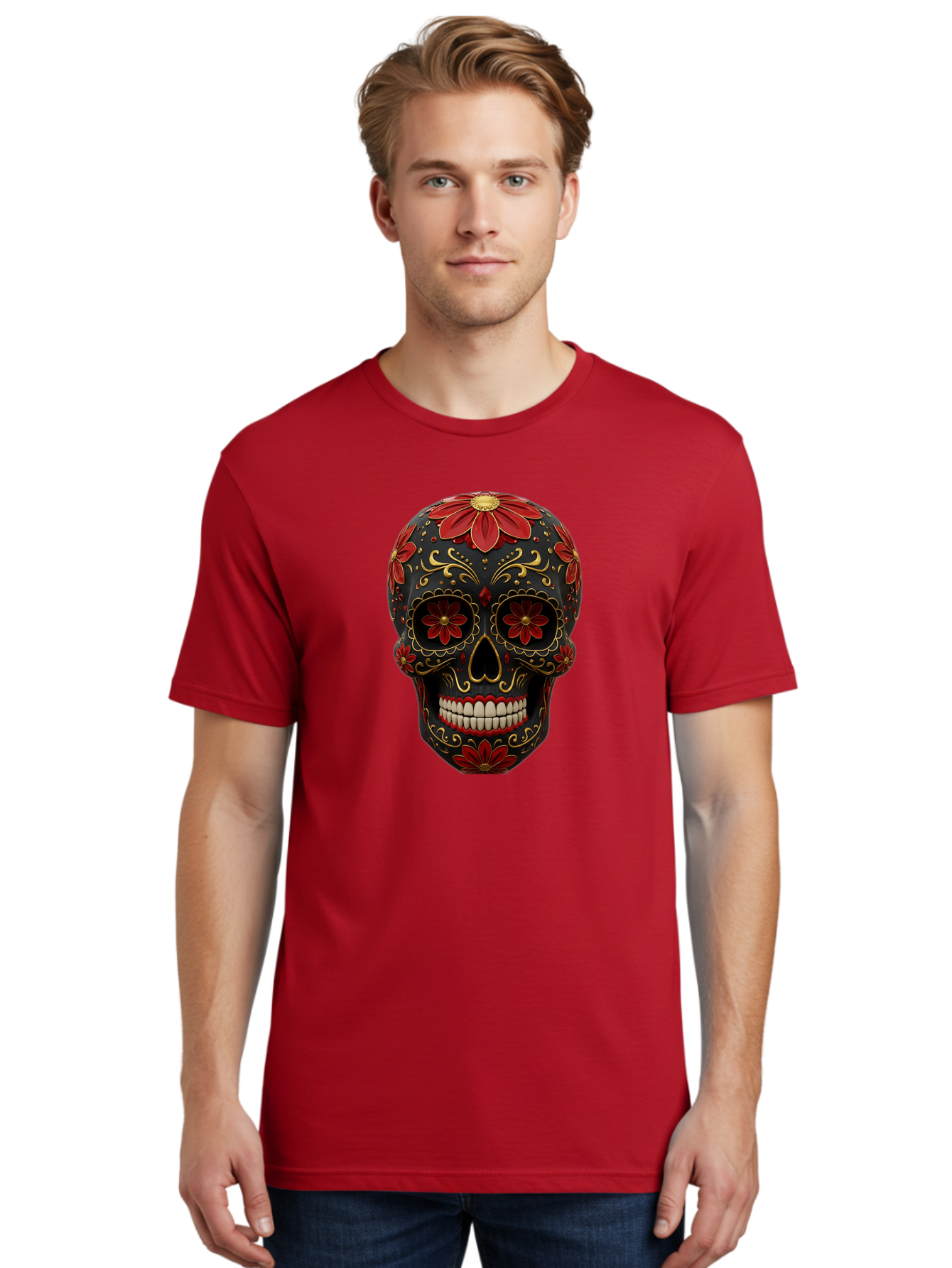 Sugar-Skull-14 Men'S Graphic Tee, 100% Cotton, Comfortable Casual Summer Wear, Machine Washable, Sugar Skull, Day Of The Dead, Floral Designs, Skull Art, Mexican Culture, Gold Filigree, Red Flowers, Black Skull, Decorative Skull, Bad763 16