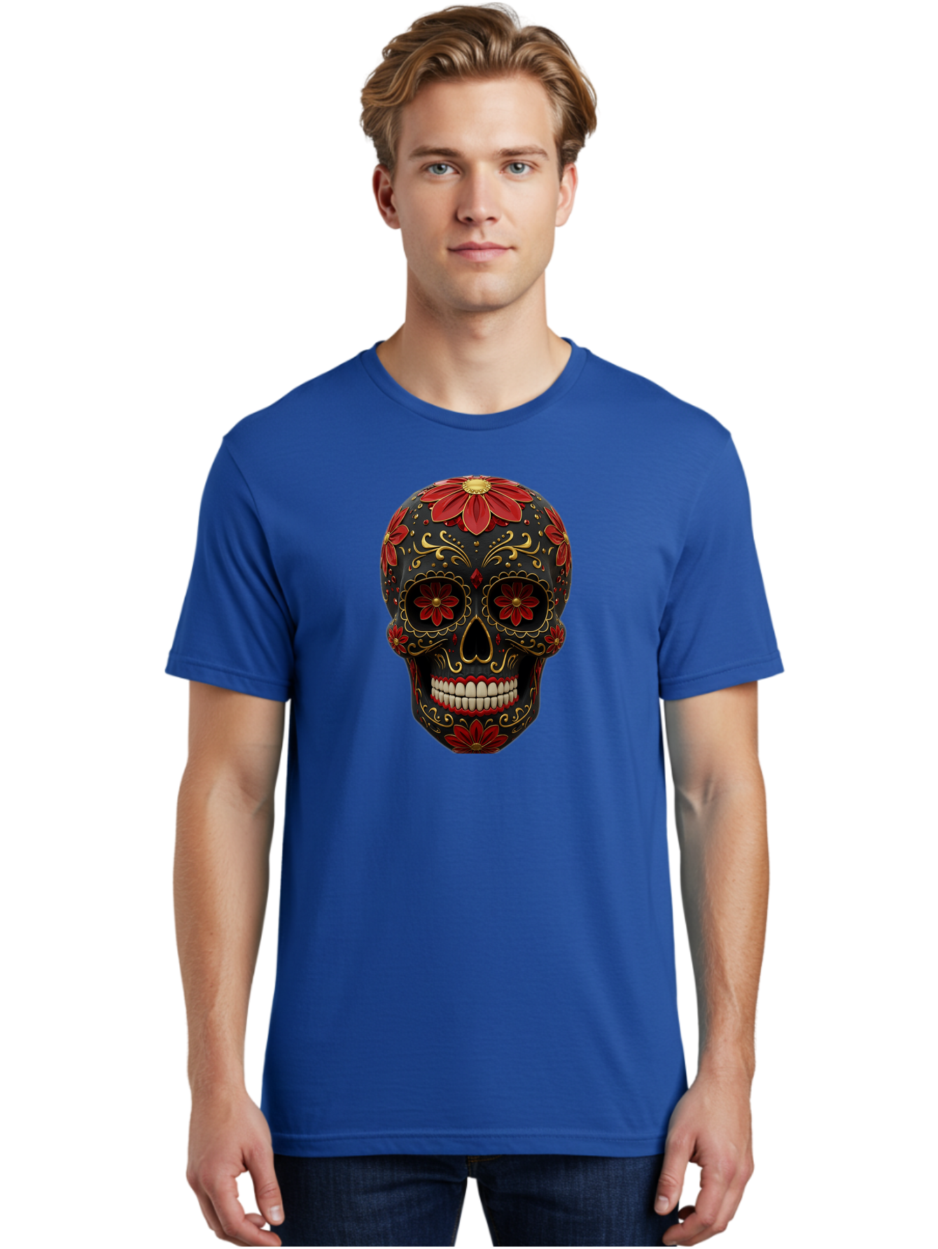 Sugar-Skull-14 Men'S Graphic Tee, 100% Cotton, Comfortable Casual Summer Wear, Machine Washable, Sugar Skull, Day Of The Dead, Floral Designs, Skull Art, Mexican Culture, Gold Filigree, Red Flowers, Black Skull, Decorative Skull, Bad763 25
