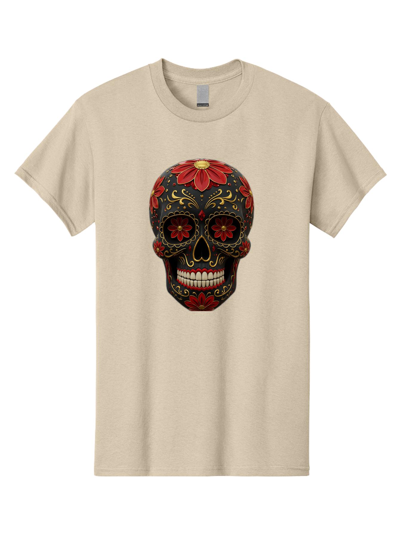 Sugar-Skull-14 Men'S Graphic Tee, 100% Cotton, Comfortable Casual Summer Wear, Machine Washable, Sugar Skull, Day Of The Dead, Floral Designs, Skull Art, Mexican Culture, Gold Filigree, Red Flowers, Black Skull, Decorative Skull, Bad763 11