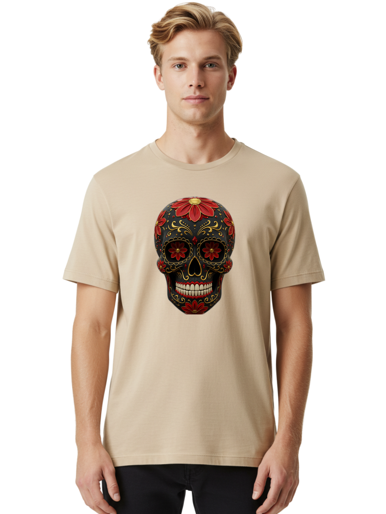 Sugar-Skull-14 Men'S Graphic Tee, 100% Cotton, Comfortable Casual Summer Wear, Machine Washable, Sugar Skull, Day Of The Dead, Floral Designs, Skull Art, Mexican Culture, Gold Filigree, Red Flowers, Black Skull, Decorative Skull, Bad763 26