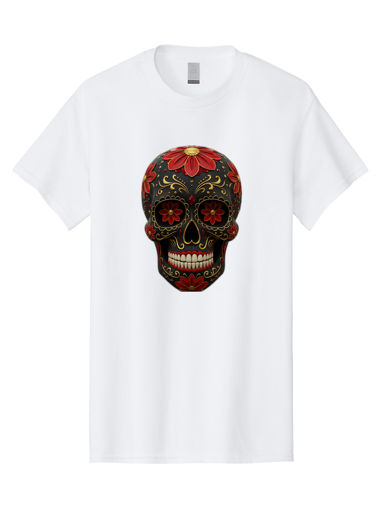 Sugar-Skull-14 Men'S Graphic Tee, 100% Cotton, Comfortable Casual Summer Wear, Machine Washable, Sugar Skull, Day Of The Dead, Floral Designs, Skull Art, Mexican Culture, Gold Filigree, Red Flowers, Black Skull, Decorative Skull, Bad763 14