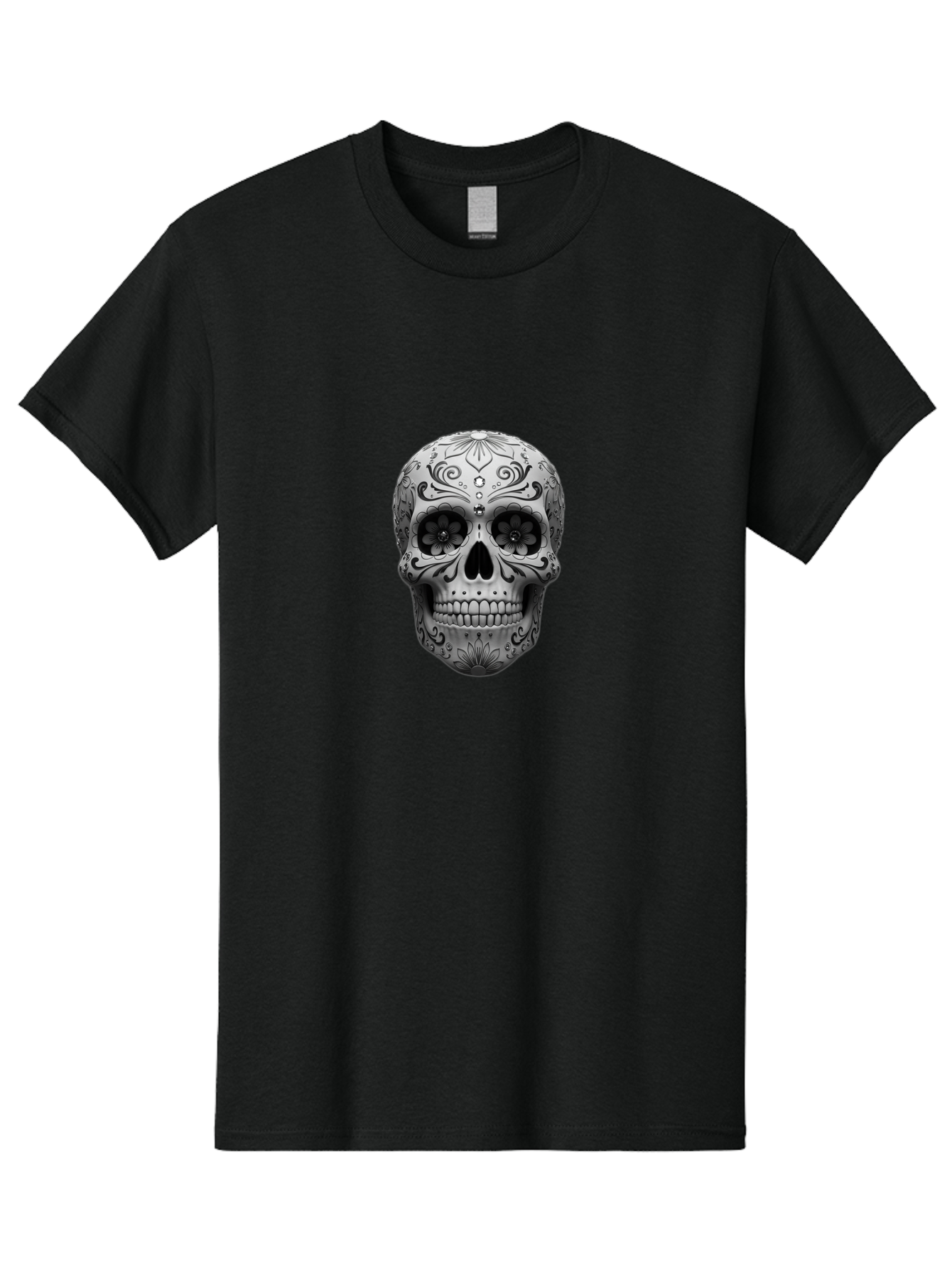 Sugar-Skull-15 Men'S Graphic Tee, 100% Cotton, Comfortable Casual Summer Wear, Machine Washable, Detailed Skull, Floral Patterns, Black And White Design, Sugar Skull Art, Day Of Dead, Mexican Culture, Intricate Designs, Gothic Style, Bad764 10