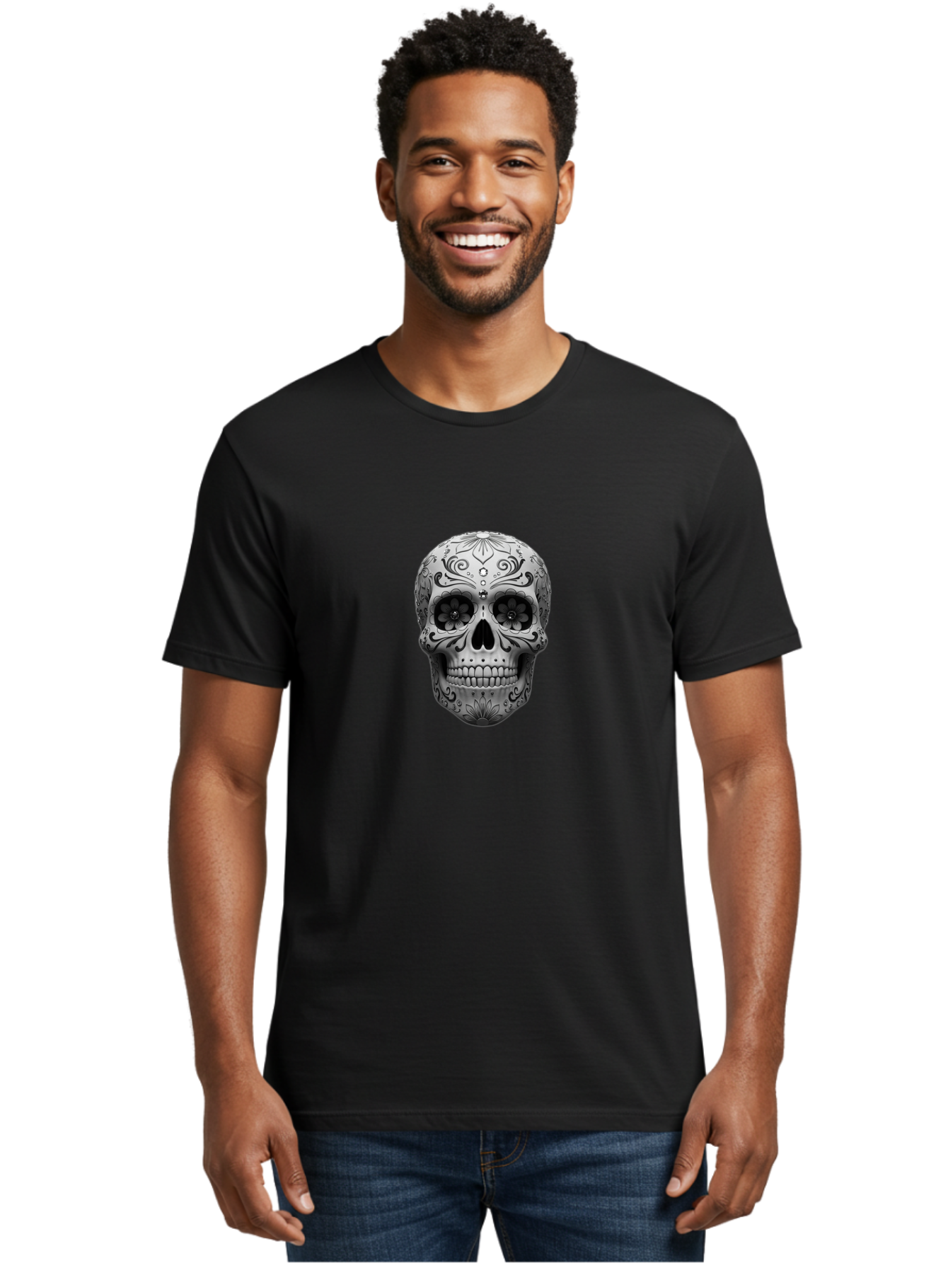 Sugar-Skull-15 Men'S Graphic Tee, 100% Cotton, Comfortable Casual Summer Wear, Machine Washable, Detailed Skull, Floral Patterns, Black And White Design, Sugar Skull Art, Day Of Dead, Mexican Culture, Intricate Designs, Gothic Style, Bad764 25