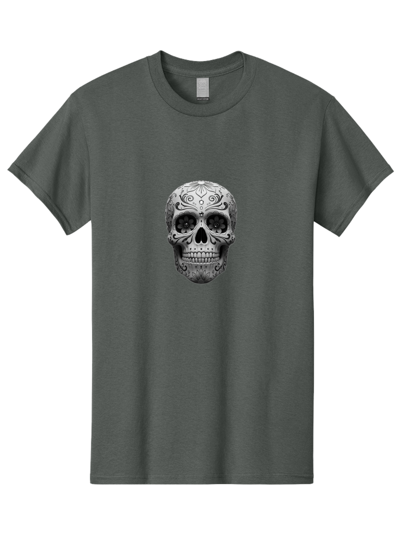 Sugar-Skull-15 Men'S Graphic Tee, 100% Cotton, Comfortable Casual Summer Wear, Machine Washable, Detailed Skull, Floral Patterns, Black And White Design, Sugar Skull Art, Day Of Dead, Mexican Culture, Intricate Designs, Gothic Style, Bad764 1