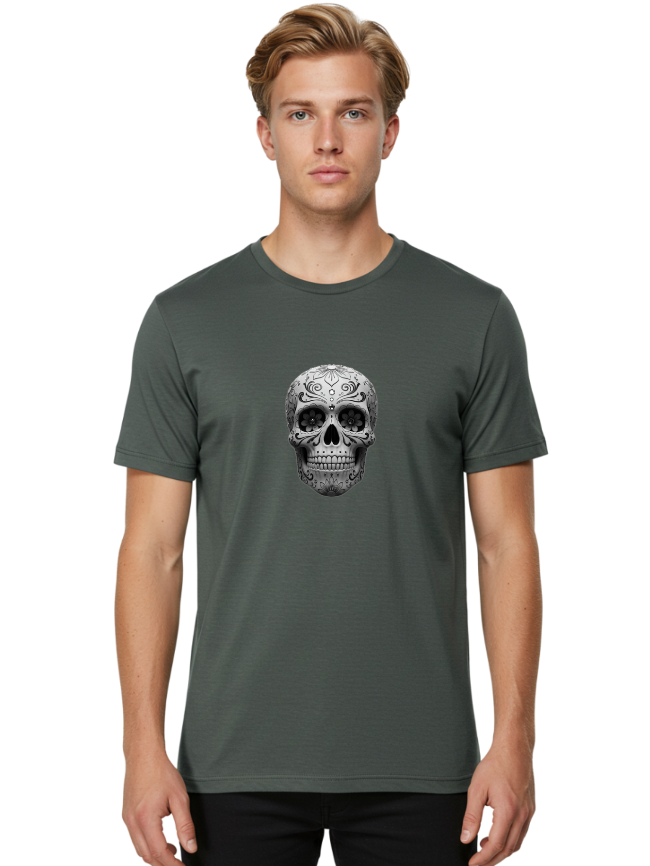 Sugar-Skull-15 Men'S Graphic Tee, 100% Cotton, Comfortable Casual Summer Wear, Machine Washable, Detailed Skull, Floral Patterns, Black And White Design, Sugar Skull Art, Day Of Dead, Mexican Culture, Intricate Designs, Gothic Style, Bad764 16