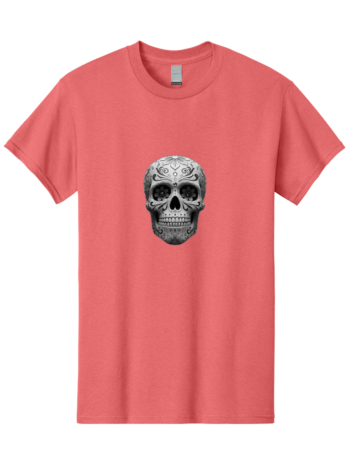 Sugar-Skull-15 Men'S Graphic Tee, 100% Cotton, Comfortable Casual Summer Wear, Machine Washable, Detailed Skull, Floral Patterns, Black And White Design, Sugar Skull Art, Day Of Dead, Mexican Culture, Intricate Designs, Gothic Style, Bad764 7