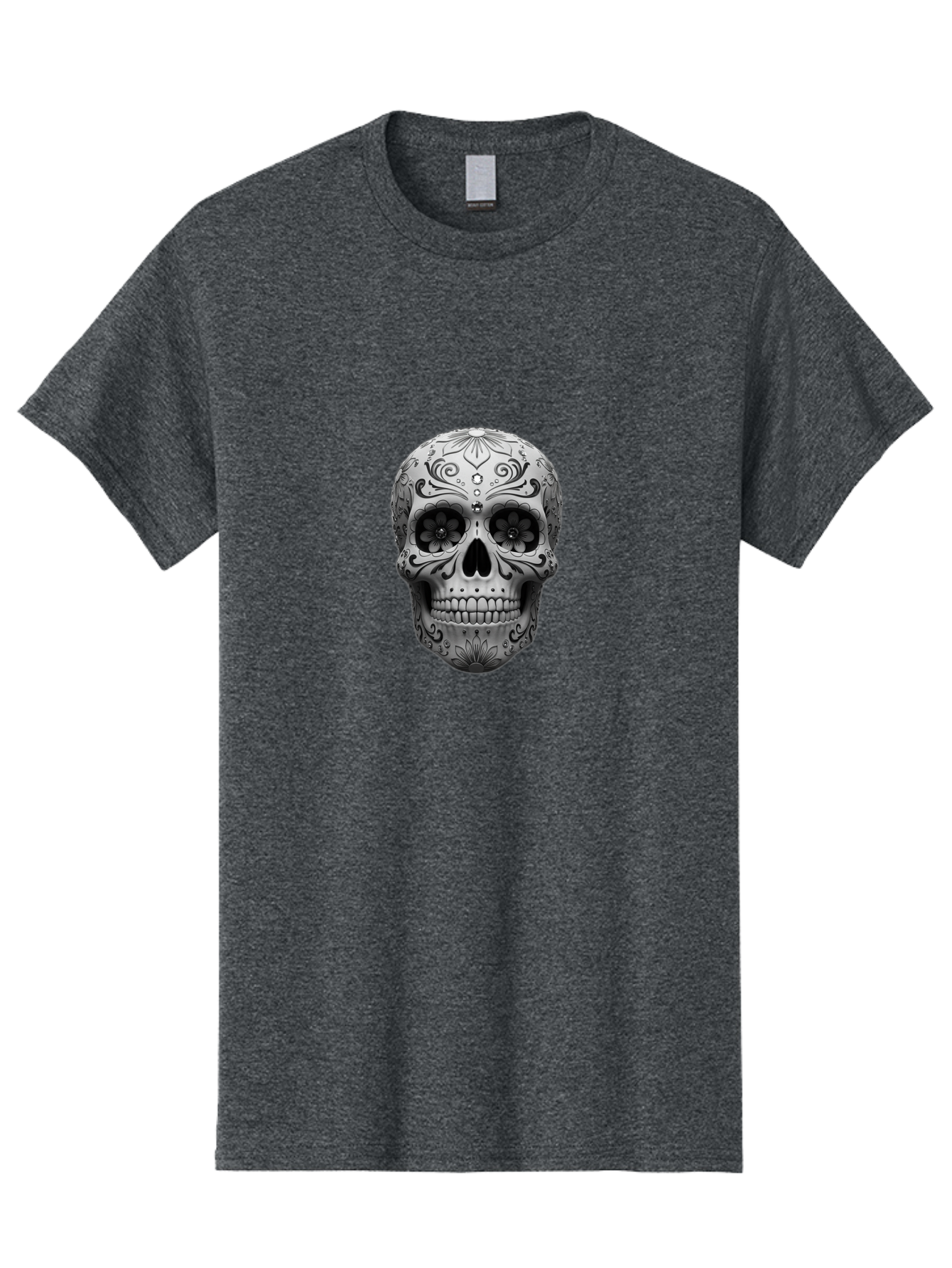Sugar-Skull-15 Men'S Graphic Tee, 100% Cotton, Comfortable Casual Summer Wear, Machine Washable, Detailed Skull, Floral Patterns, Black And White Design, Sugar Skull Art, Day Of Dead, Mexican Culture, Intricate Designs, Gothic Style, Bad764 5