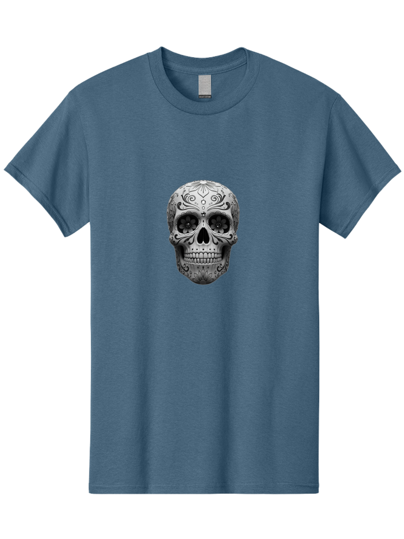 Sugar-Skull-15 Men'S Graphic Tee, 100% Cotton, Comfortable Casual Summer Wear, Machine Washable, Detailed Skull, Floral Patterns, Black And White Design, Sugar Skull Art, Day Of Dead, Mexican Culture, Intricate Designs, Gothic Style, Bad764 12