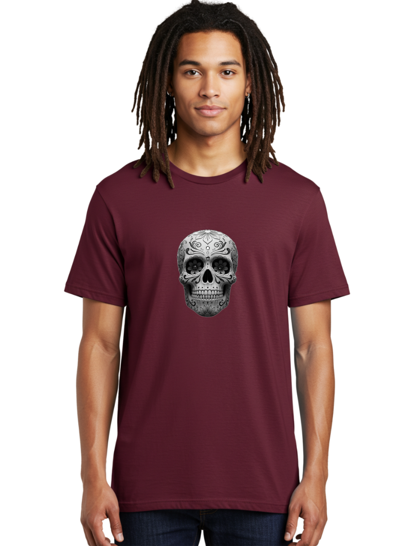 Sugar-Skull-15 Men'S Graphic Tee, 100% Cotton, Comfortable Casual Summer Wear, Machine Washable, Detailed Skull, Floral Patterns, Black And White Design, Sugar Skull Art, Day Of Dead, Mexican Culture, Intricate Designs, Gothic Style, Bad764 21