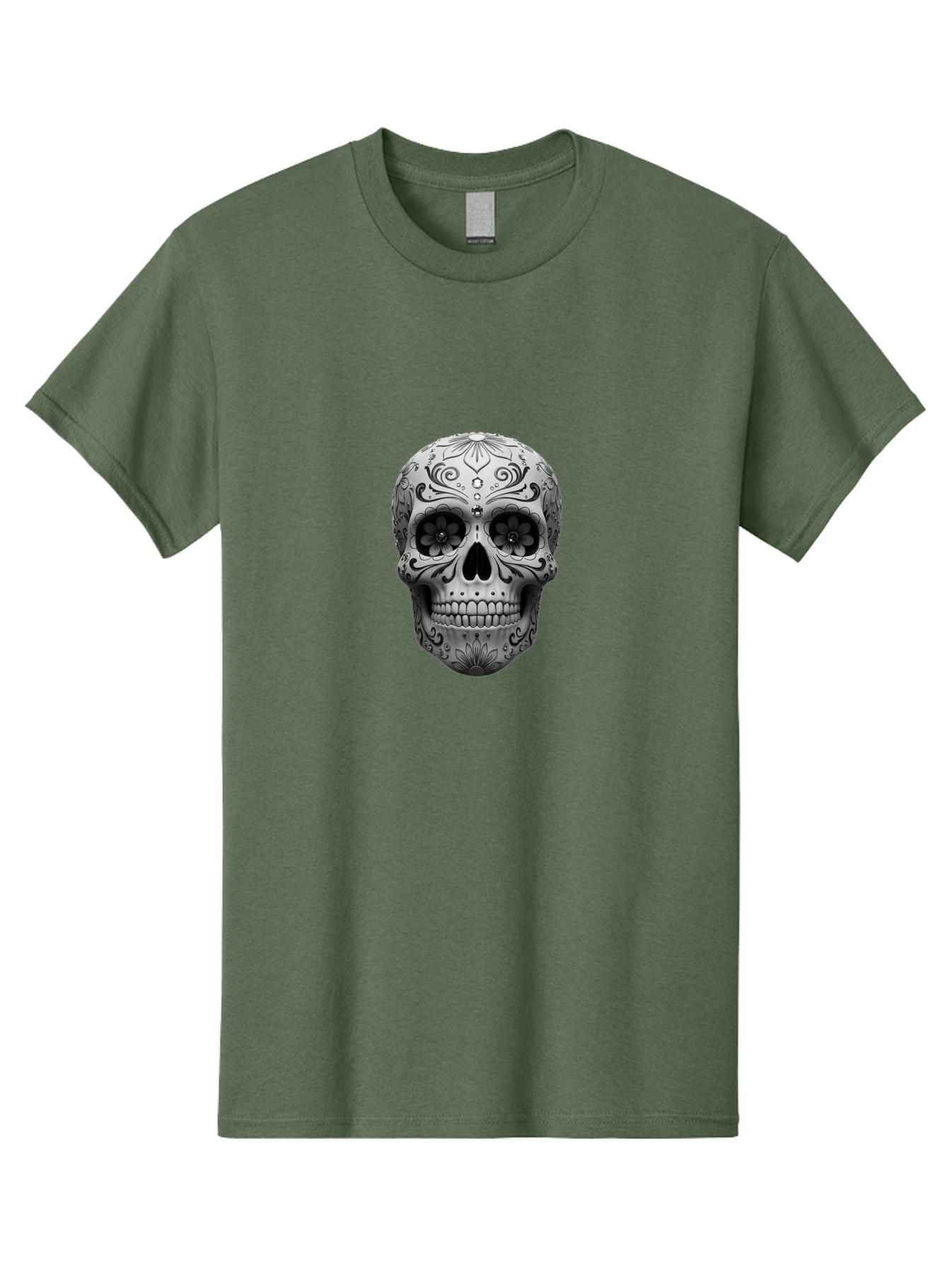 Sugar-Skull-15 Men'S Graphic Tee, 100% Cotton, Comfortable Casual Summer Wear, Machine Washable, Detailed Skull, Floral Patterns, Black And White Design, Sugar Skull Art, Day Of Dead, Mexican Culture, Intricate Designs, Gothic Style, Bad764 14