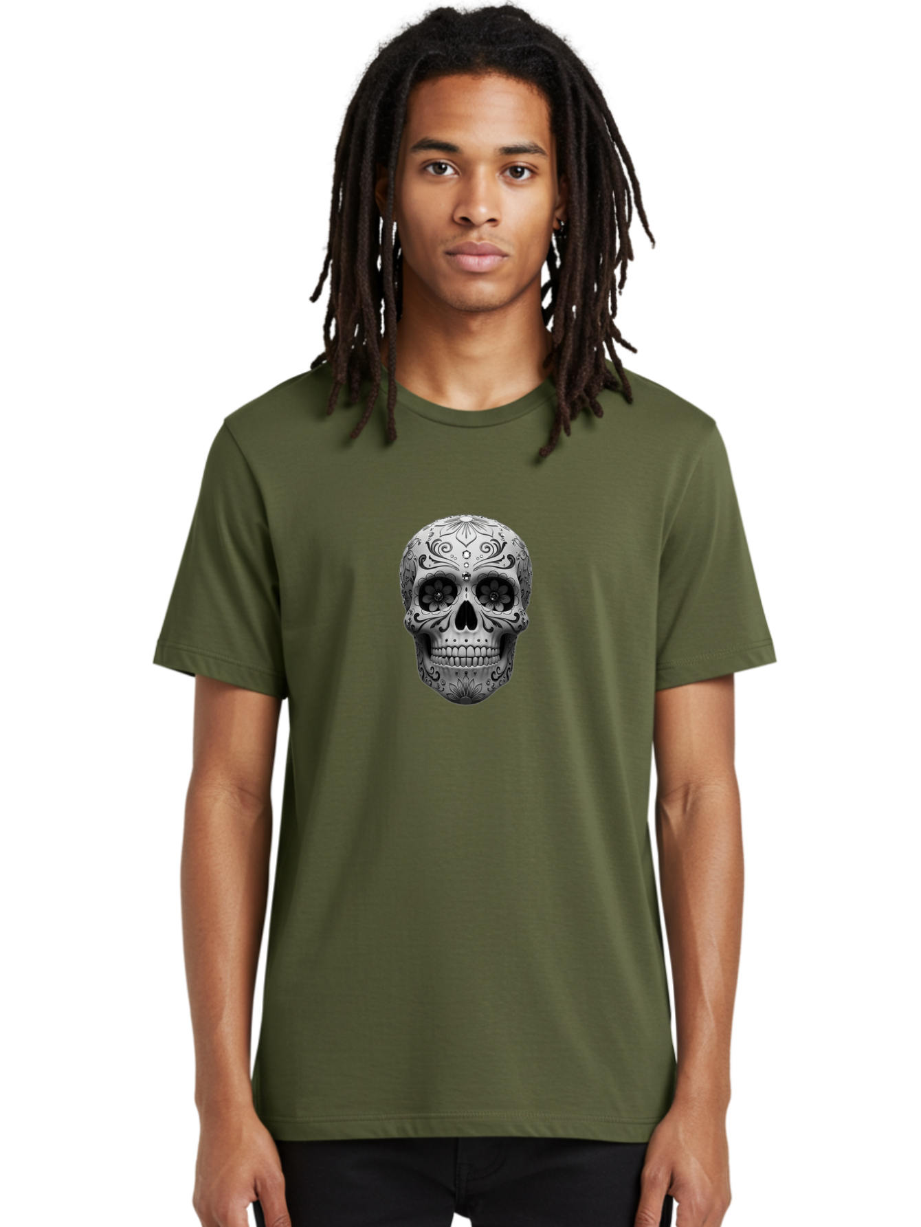 Sugar-Skull-15 Men'S Graphic Tee, 100% Cotton, Comfortable Casual Summer Wear, Machine Washable, Detailed Skull, Floral Patterns, Black And White Design, Sugar Skull Art, Day Of Dead, Mexican Culture, Intricate Designs, Gothic Style, Bad764 29