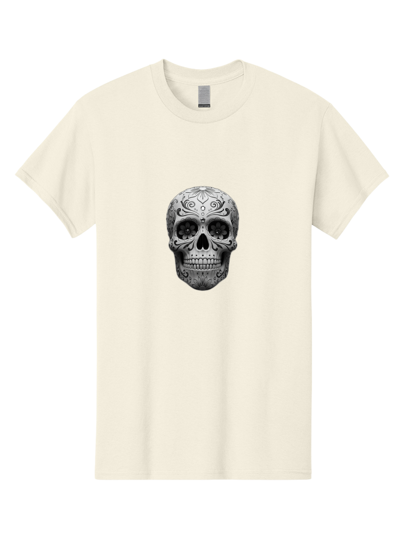 Sugar-Skull-15 Men'S Graphic Tee, 100% Cotton, Comfortable Casual Summer Wear, Machine Washable, Detailed Skull, Floral Patterns, Black And White Design, Sugar Skull Art, Day Of Dead, Mexican Culture, Intricate Designs, Gothic Style, Bad764 2