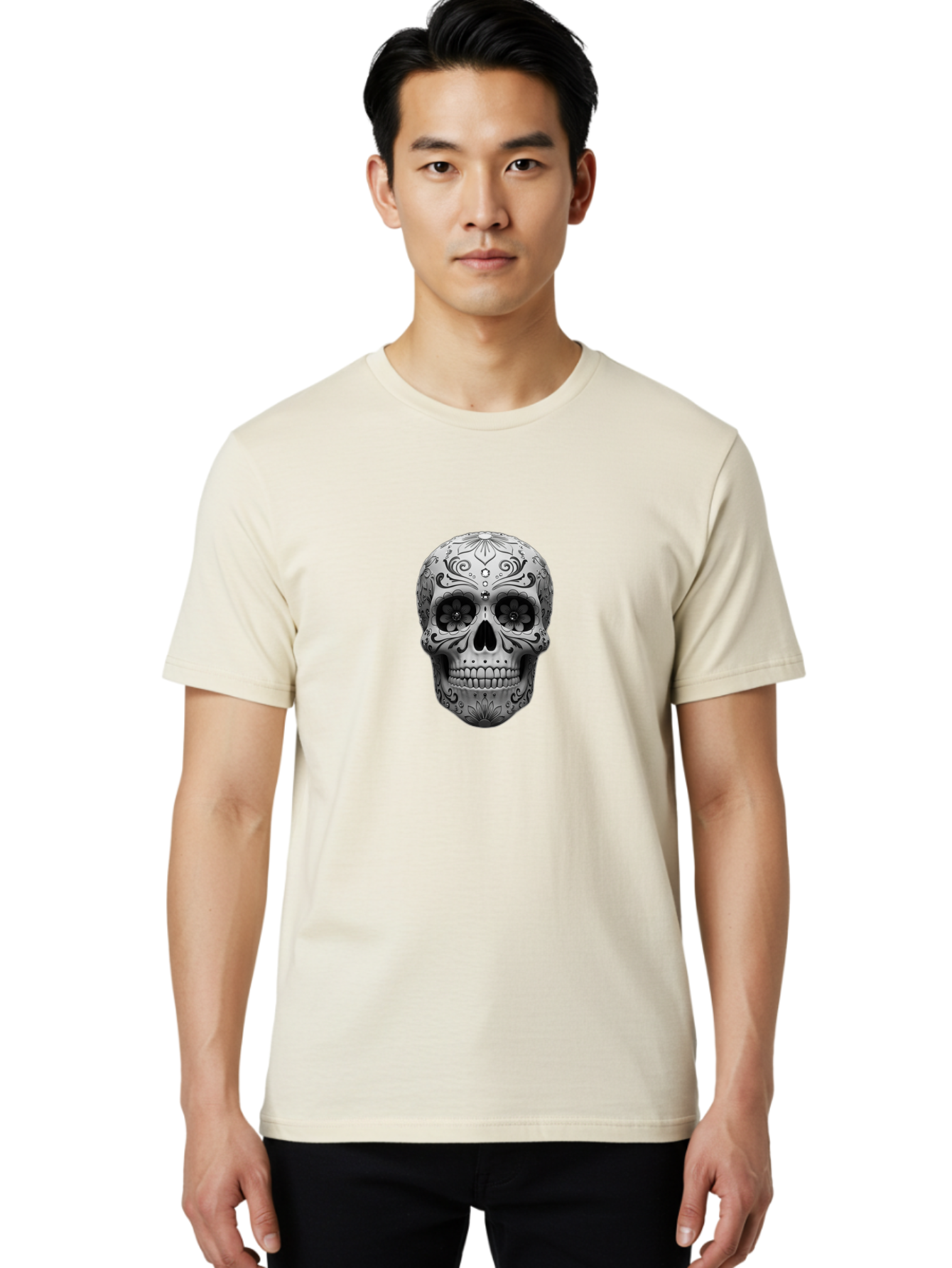 Sugar-Skull-15 Men'S Graphic Tee, 100% Cotton, Comfortable Casual Summer Wear, Machine Washable, Detailed Skull, Floral Patterns, Black And White Design, Sugar Skull Art, Day Of Dead, Mexican Culture, Intricate Designs, Gothic Style, Bad764 17