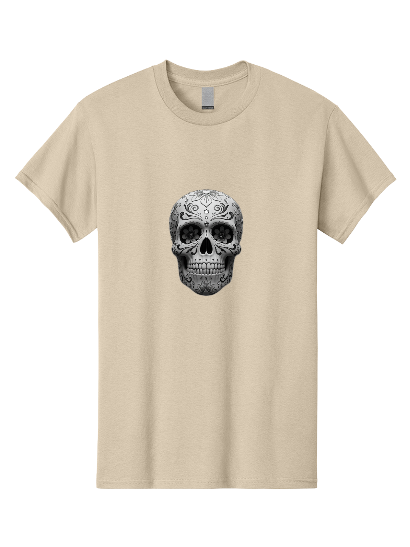 Sugar-Skull-15 Men'S Graphic Tee, 100% Cotton, Comfortable Casual Summer Wear, Machine Washable, Detailed Skull, Floral Patterns, Black And White Design, Sugar Skull Art, Day Of Dead, Mexican Culture, Intricate Designs, Gothic Style, Bad764 3