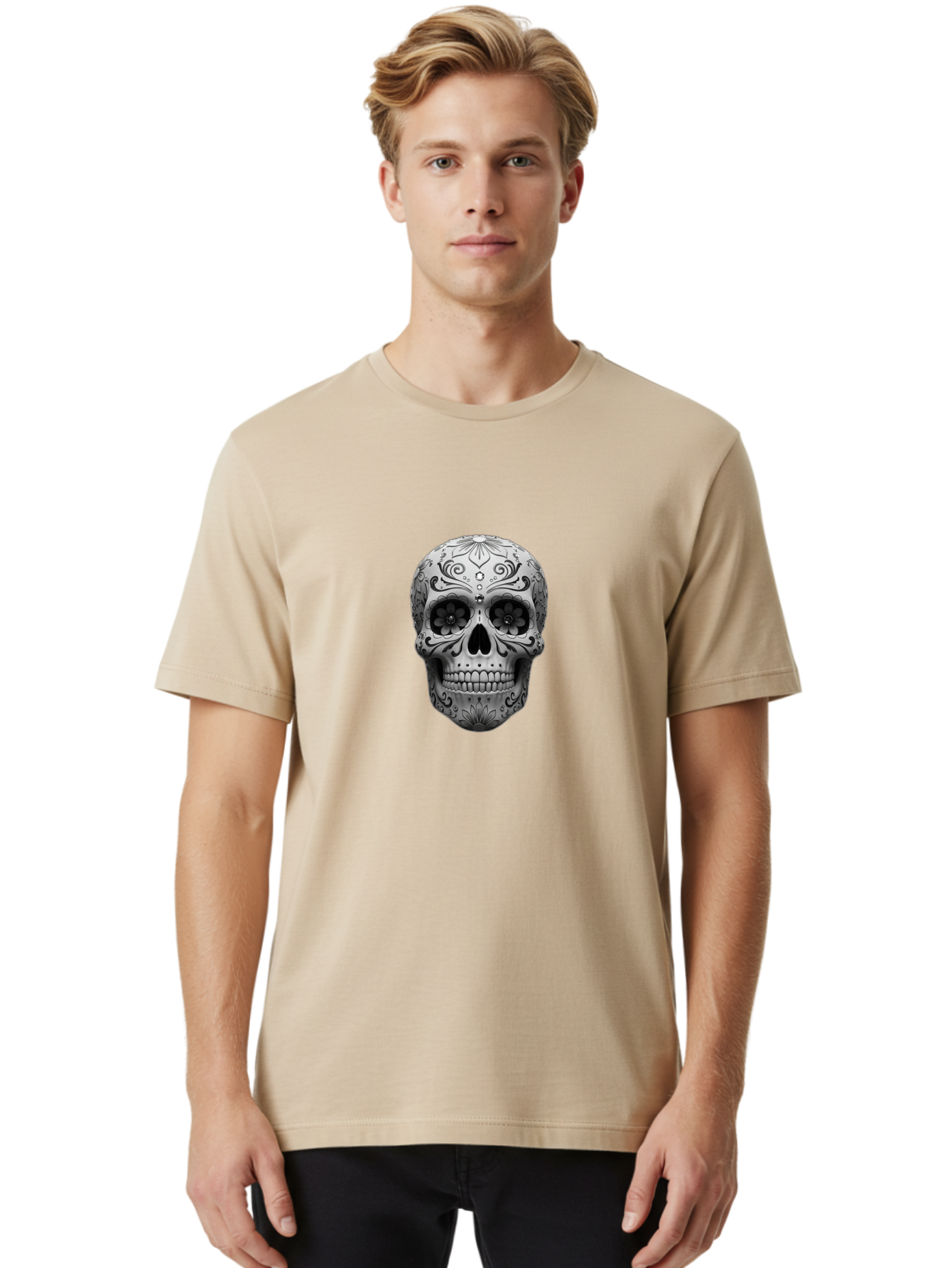 Sugar-Skull-15 Men'S Graphic Tee, 100% Cotton, Comfortable Casual Summer Wear, Machine Washable, Detailed Skull, Floral Patterns, Black And White Design, Sugar Skull Art, Day Of Dead, Mexican Culture, Intricate Designs, Gothic Style, Bad764 18