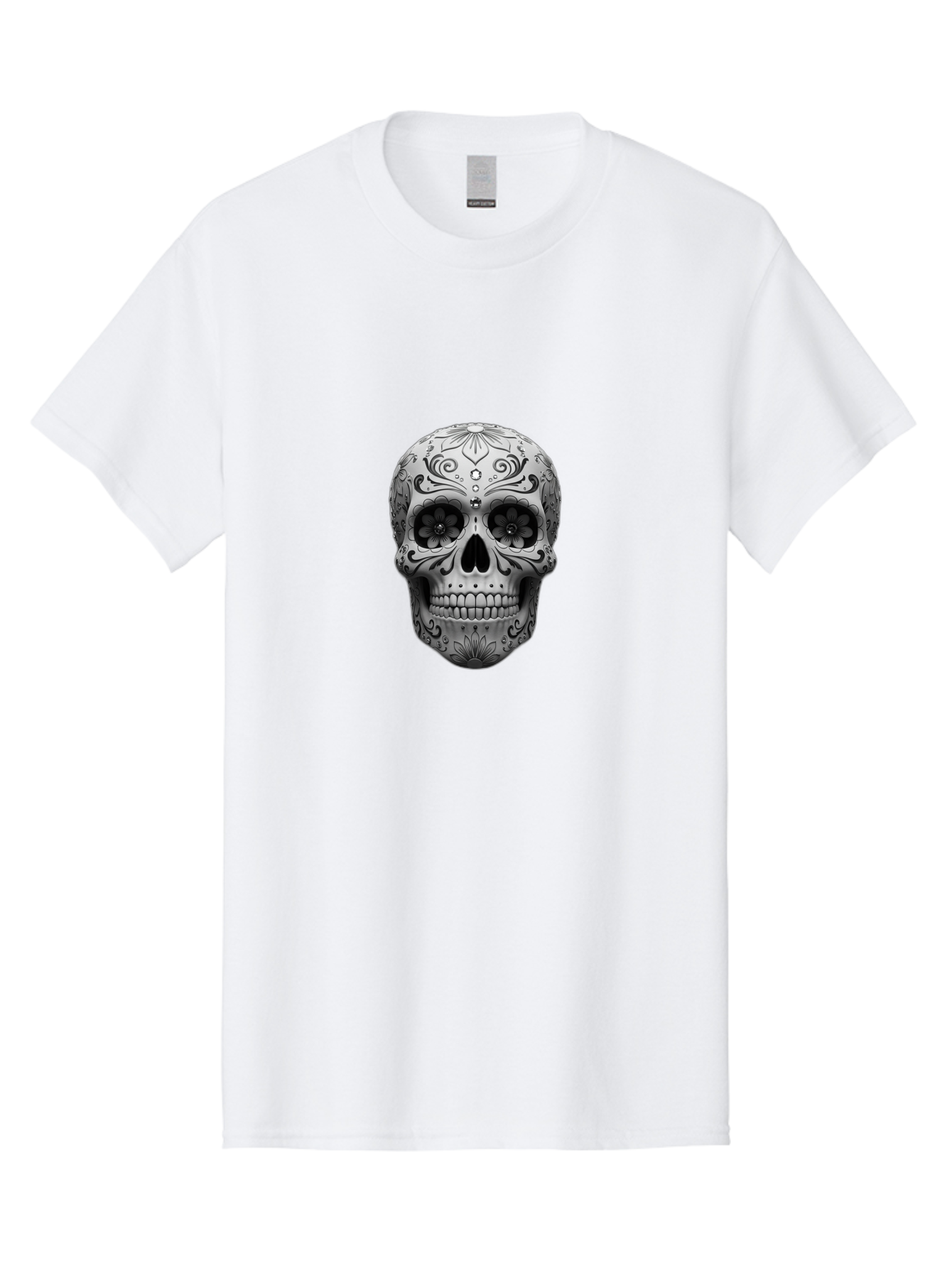 Sugar-Skull-15 Men'S Graphic Tee, 100% Cotton, Comfortable Casual Summer Wear, Machine Washable, Detailed Skull, Floral Patterns, Black And White Design, Sugar Skull Art, Day Of Dead, Mexican Culture, Intricate Designs, Gothic Style, Bad764 8
