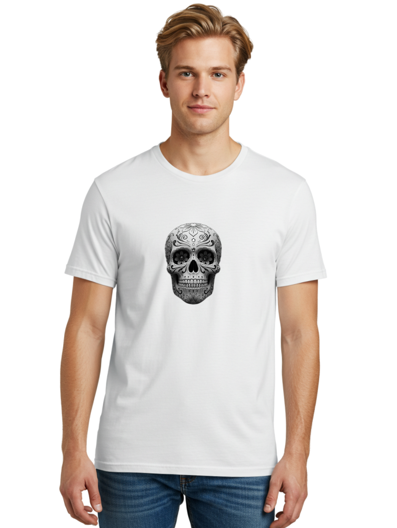 Sugar-Skull-15 Men'S Graphic Tee, 100% Cotton, Comfortable Casual Summer Wear, Machine Washable, Detailed Skull, Floral Patterns, Black And White Design, Sugar Skull Art, Day Of Dead, Mexican Culture, Intricate Designs, Gothic Style, Bad764 23
