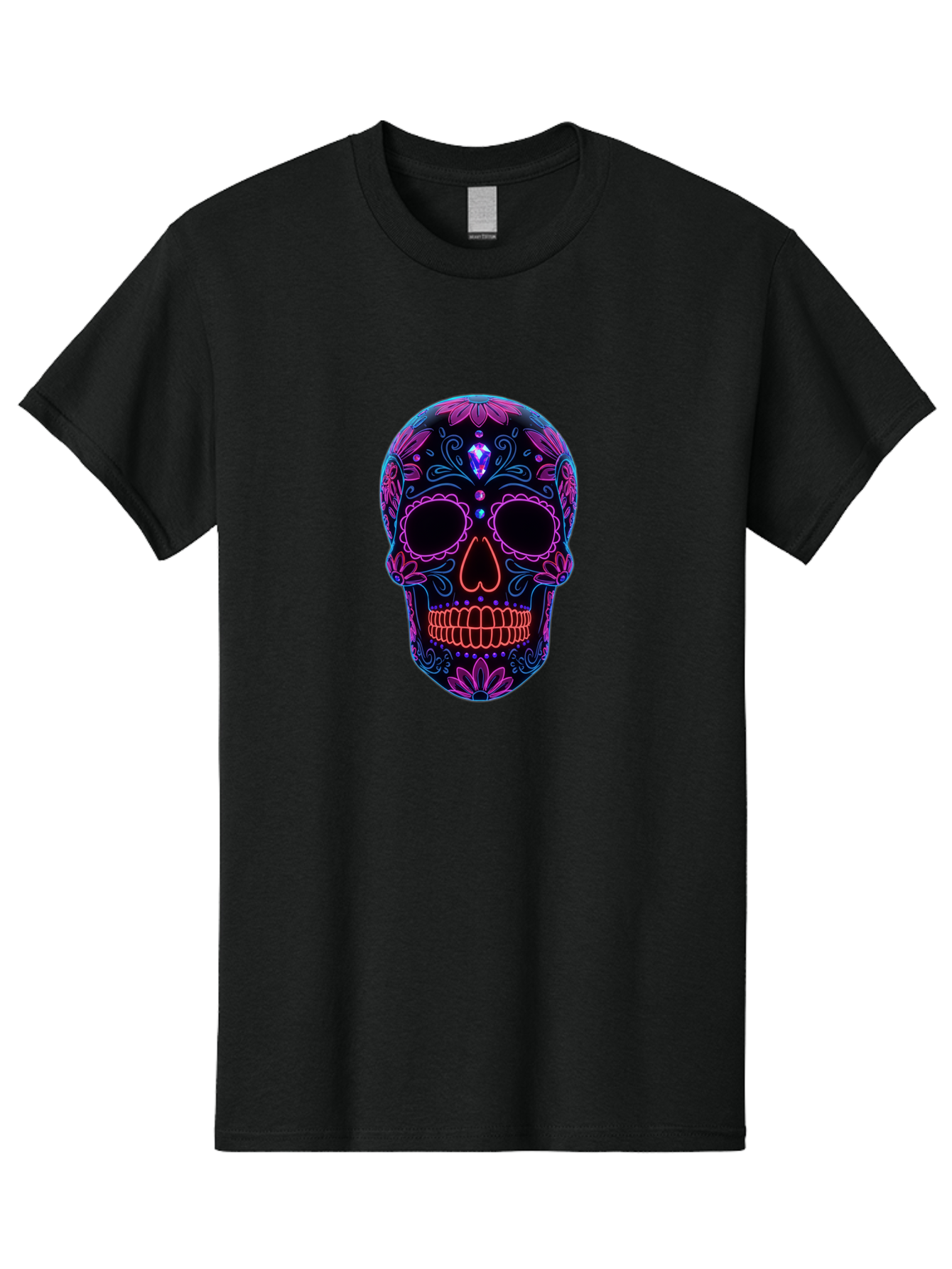 Sugar-Skull-16 Men'S Graphic Tee, 100% Cotton, Comfortable Casual Summer Wear, Machine Washable, Sugar Skull Design, Day Of The Dead, Neon Lights, Floral Patterns, Vibrant Colors, Mexican Culture, Gothic Style, Gemstone Decoration, Bad765 12