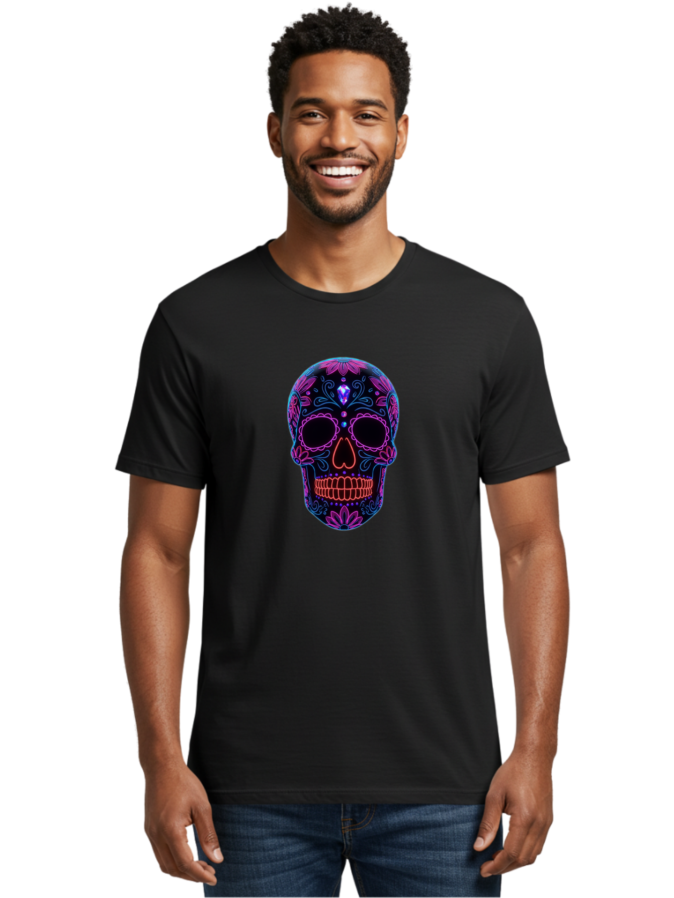 Sugar-Skull-16 Men'S Graphic Tee, 100% Cotton, Comfortable Casual Summer Wear, Machine Washable, Sugar Skull Design, Day Of The Dead, Neon Lights, Floral Patterns, Vibrant Colors, Mexican Culture, Gothic Style, Gemstone Decoration, Bad765 27