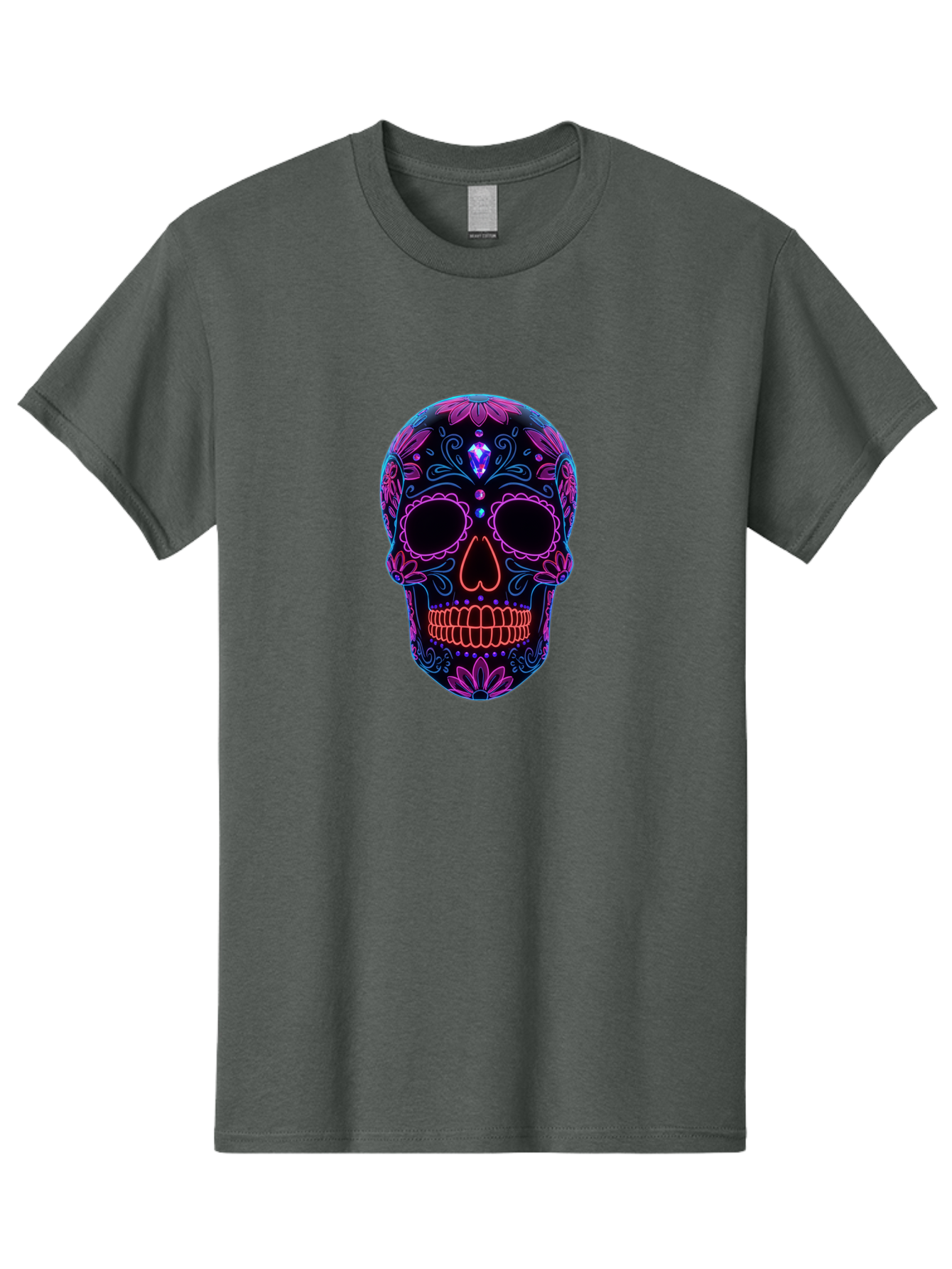 Sugar-Skull-16 Men'S Graphic Tee, 100% Cotton, Comfortable Casual Summer Wear, Machine Washable, Sugar Skull Design, Day Of The Dead, Neon Lights, Floral Patterns, Vibrant Colors, Mexican Culture, Gothic Style, Gemstone Decoration, Bad765 11