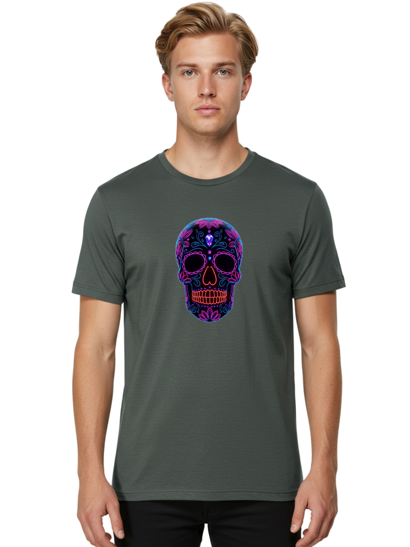 Sugar-Skull-16 Men'S Graphic Tee, 100% Cotton, Comfortable Casual Summer Wear, Machine Washable, Sugar Skull Design, Day Of The Dead, Neon Lights, Floral Patterns, Vibrant Colors, Mexican Culture, Gothic Style, Gemstone Decoration, Bad765 26