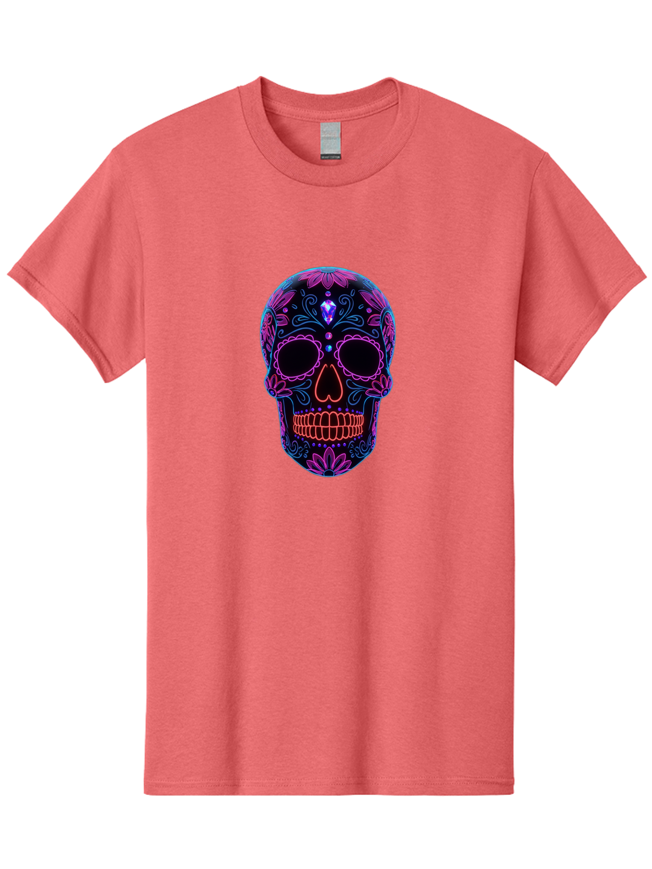Sugar-Skull-16 Men'S Graphic Tee, 100% Cotton, Comfortable Casual Summer Wear, Machine Washable, Sugar Skull Design, Day Of The Dead, Neon Lights, Floral Patterns, Vibrant Colors, Mexican Culture, Gothic Style, Gemstone Decoration, Bad765 5