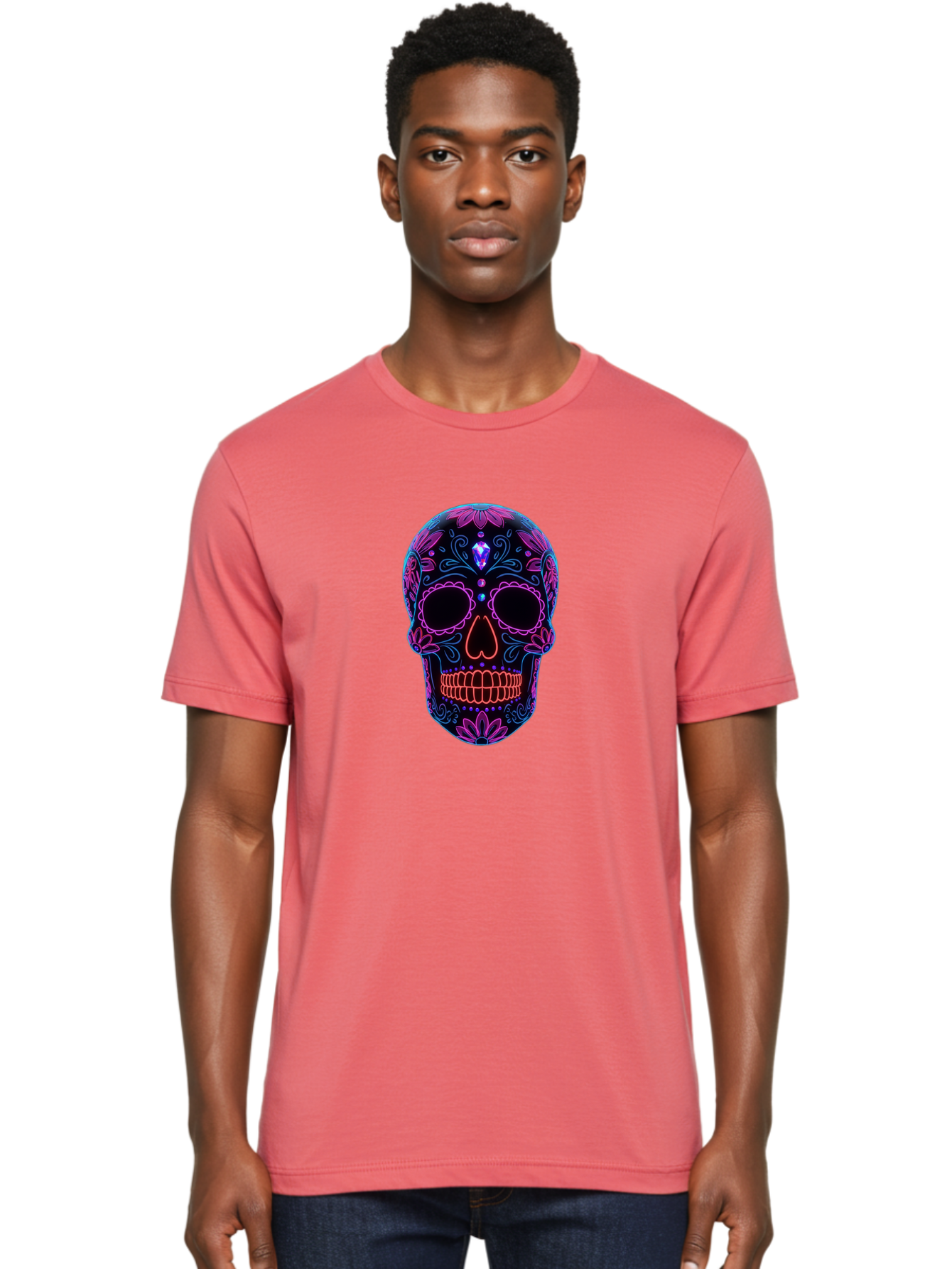 Sugar-Skull-16 Men'S Graphic Tee, 100% Cotton, Comfortable Casual Summer Wear, Machine Washable, Sugar Skull Design, Day Of The Dead, Neon Lights, Floral Patterns, Vibrant Colors, Mexican Culture, Gothic Style, Gemstone Decoration, Bad765 20
