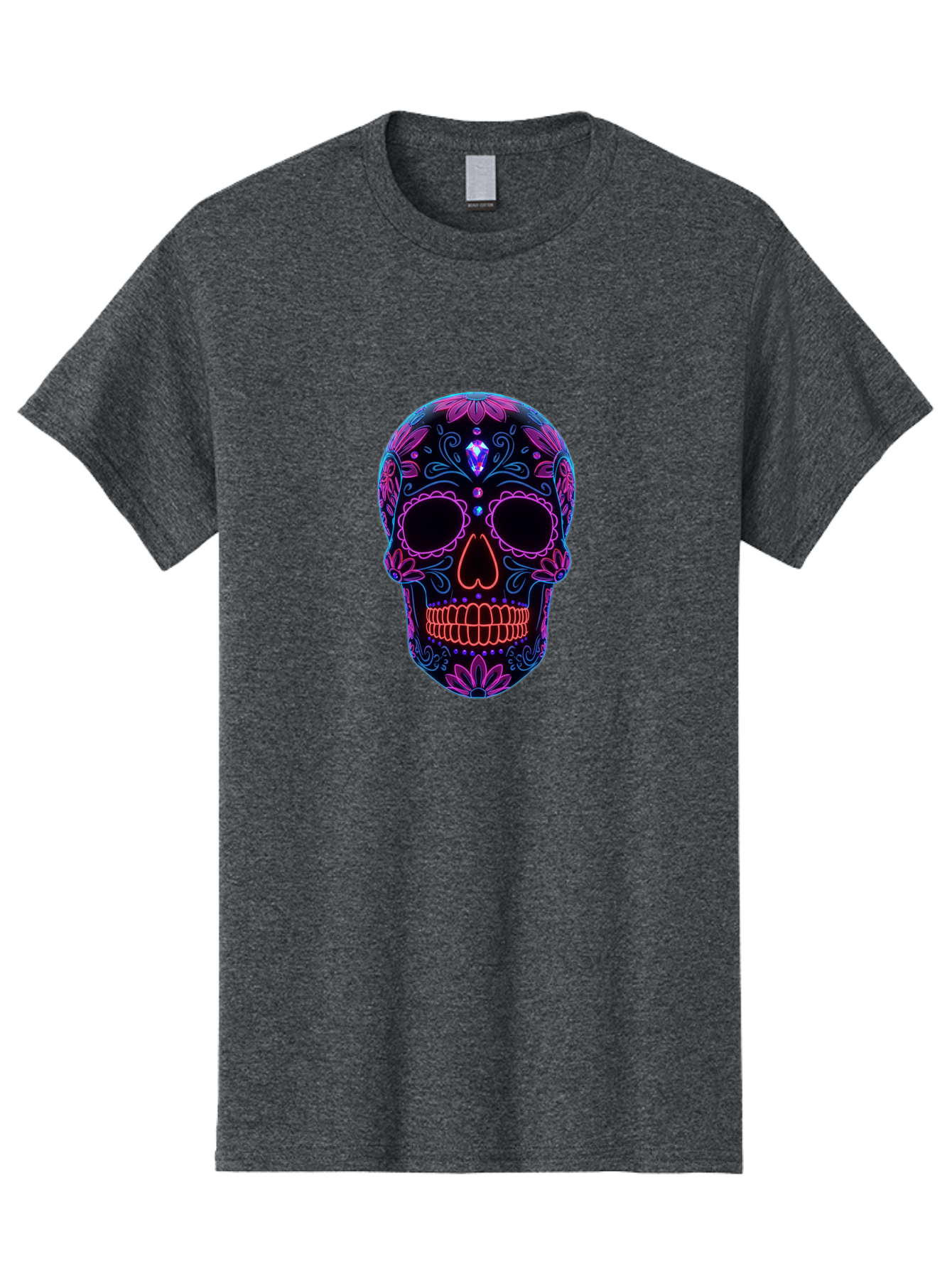 Sugar-Skull-16 Men'S Graphic Tee, 100% Cotton, Comfortable Casual Summer Wear, Machine Washable, Sugar Skull Design, Day Of The Dead, Neon Lights, Floral Patterns, Vibrant Colors, Mexican Culture, Gothic Style, Gemstone Decoration, Bad765 6