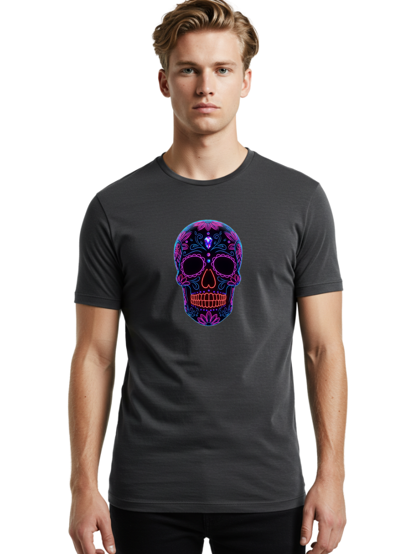 Sugar-Skull-16 Men'S Graphic Tee, 100% Cotton, Comfortable Casual Summer Wear, Machine Washable, Sugar Skull Design, Day Of The Dead, Neon Lights, Floral Patterns, Vibrant Colors, Mexican Culture, Gothic Style, Gemstone Decoration, Bad765 21