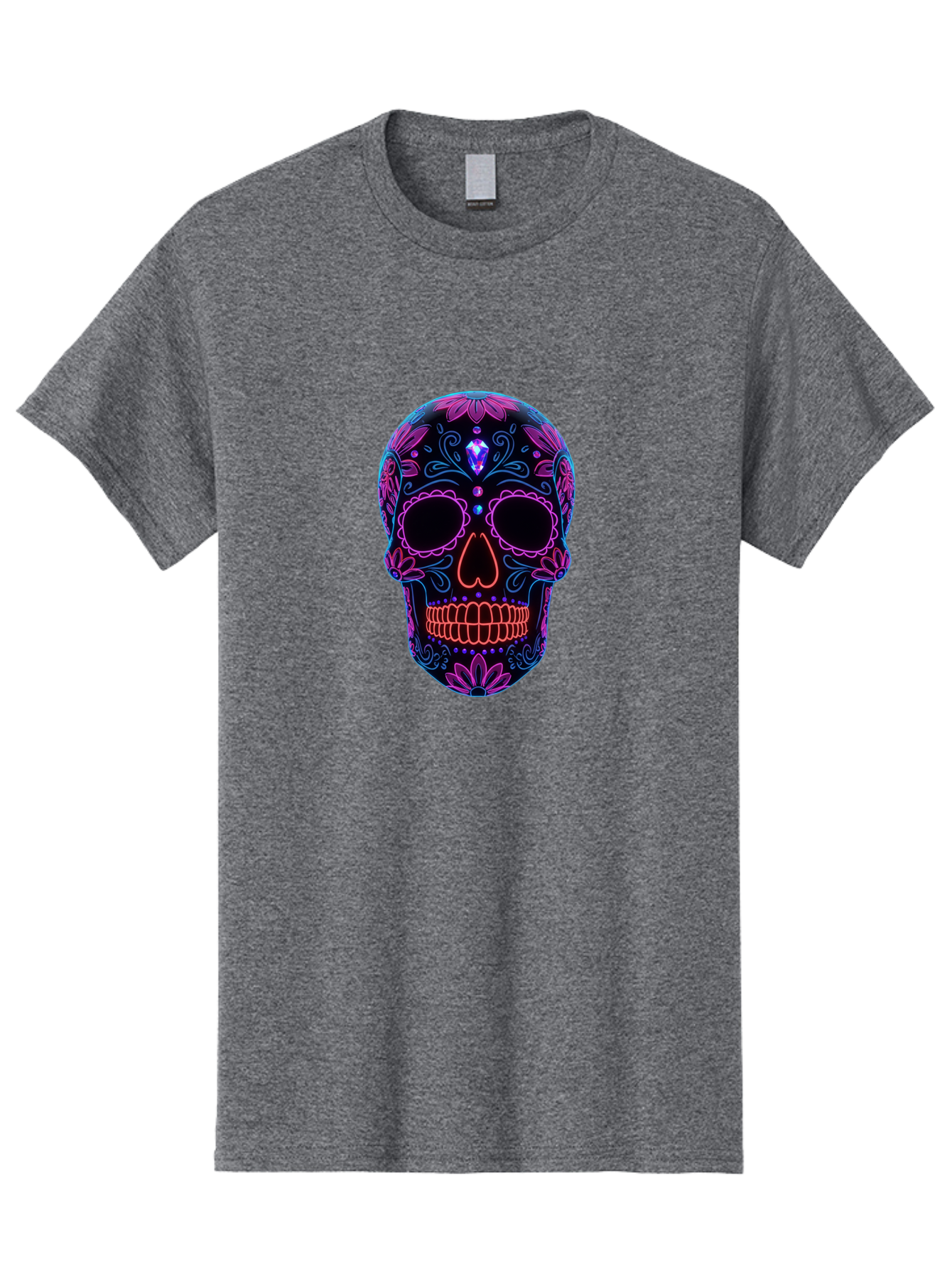 Sugar-Skull-16 Men'S Graphic Tee, 100% Cotton, Comfortable Casual Summer Wear, Machine Washable, Sugar Skull Design, Day Of The Dead, Neon Lights, Floral Patterns, Vibrant Colors, Mexican Culture, Gothic Style, Gemstone Decoration, Bad765 9