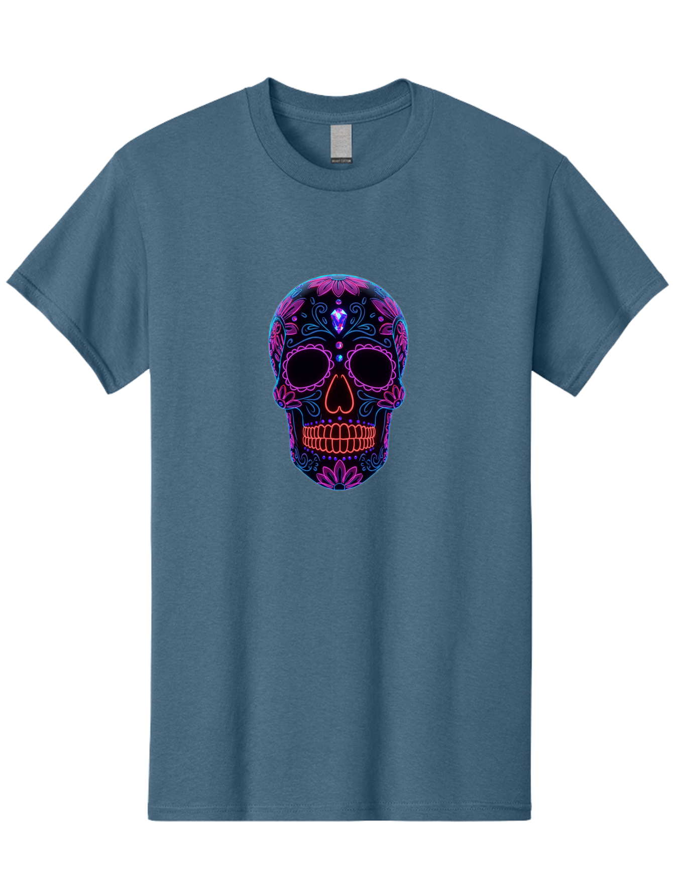 Sugar-Skull-16 Men'S Graphic Tee, 100% Cotton, Comfortable Casual Summer Wear, Machine Washable, Sugar Skull Design, Day Of The Dead, Neon Lights, Floral Patterns, Vibrant Colors, Mexican Culture, Gothic Style, Gemstone Decoration, Bad765 3