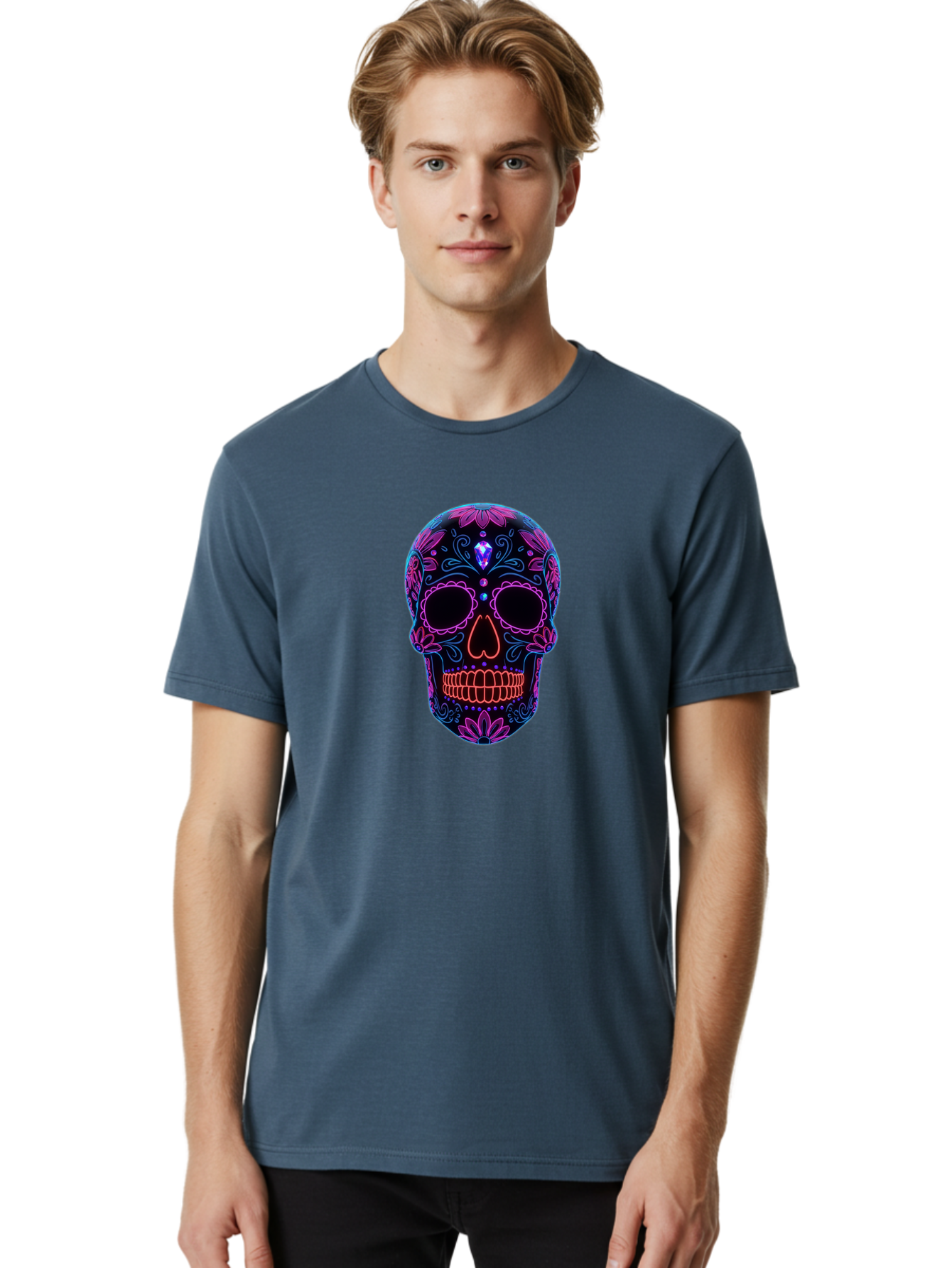 Sugar-Skull-16 Men'S Graphic Tee, 100% Cotton, Comfortable Casual Summer Wear, Machine Washable, Sugar Skull Design, Day Of The Dead, Neon Lights, Floral Patterns, Vibrant Colors, Mexican Culture, Gothic Style, Gemstone Decoration, Bad765 18