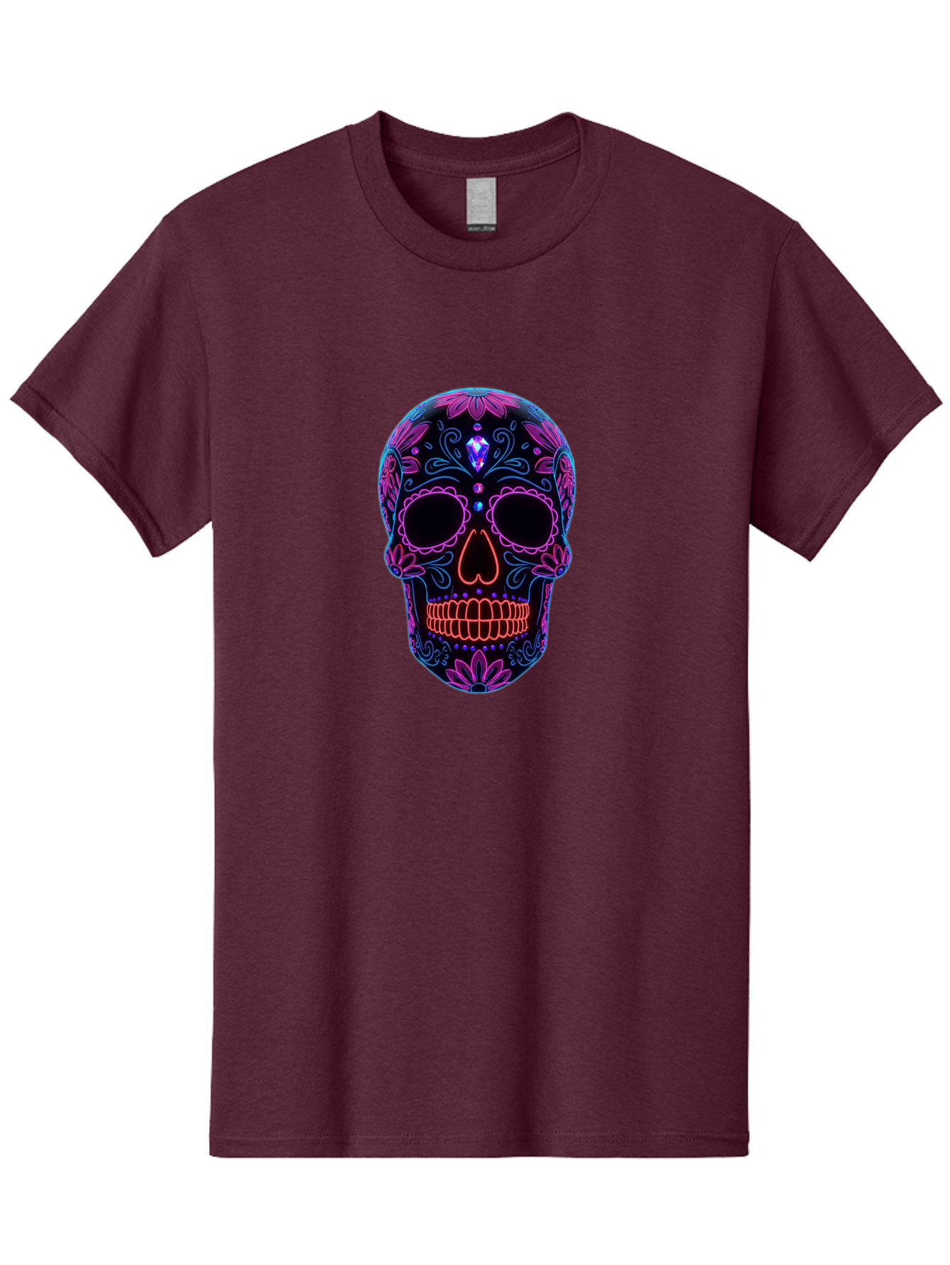 Sugar-Skull-16 Men'S Graphic Tee, 100% Cotton, Comfortable Casual Summer Wear, Machine Washable, Sugar Skull Design, Day Of The Dead, Neon Lights, Floral Patterns, Vibrant Colors, Mexican Culture, Gothic Style, Gemstone Decoration, Bad765 7