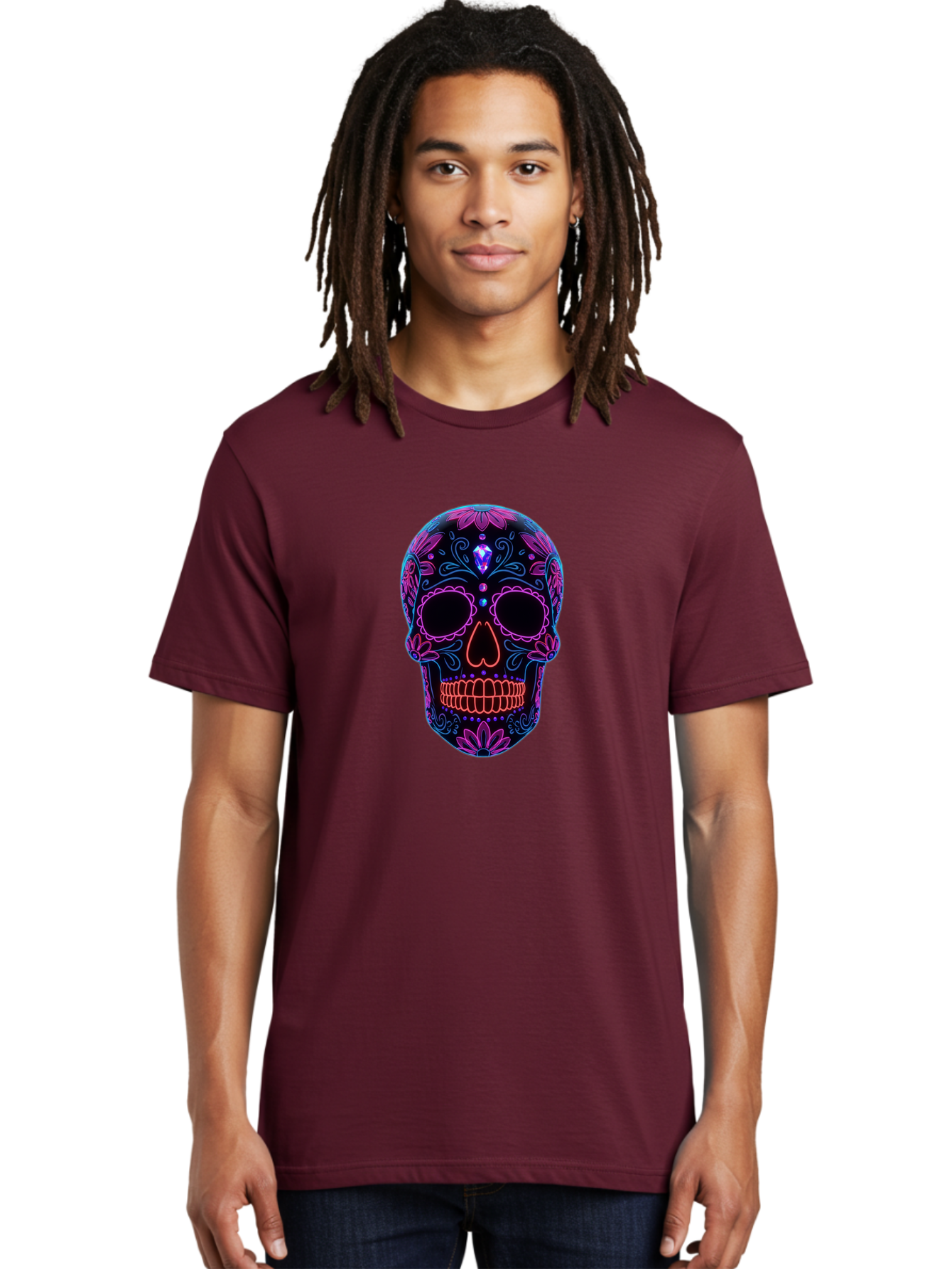 Sugar-Skull-16 Men'S Graphic Tee, 100% Cotton, Comfortable Casual Summer Wear, Machine Washable, Sugar Skull Design, Day Of The Dead, Neon Lights, Floral Patterns, Vibrant Colors, Mexican Culture, Gothic Style, Gemstone Decoration, Bad765 22