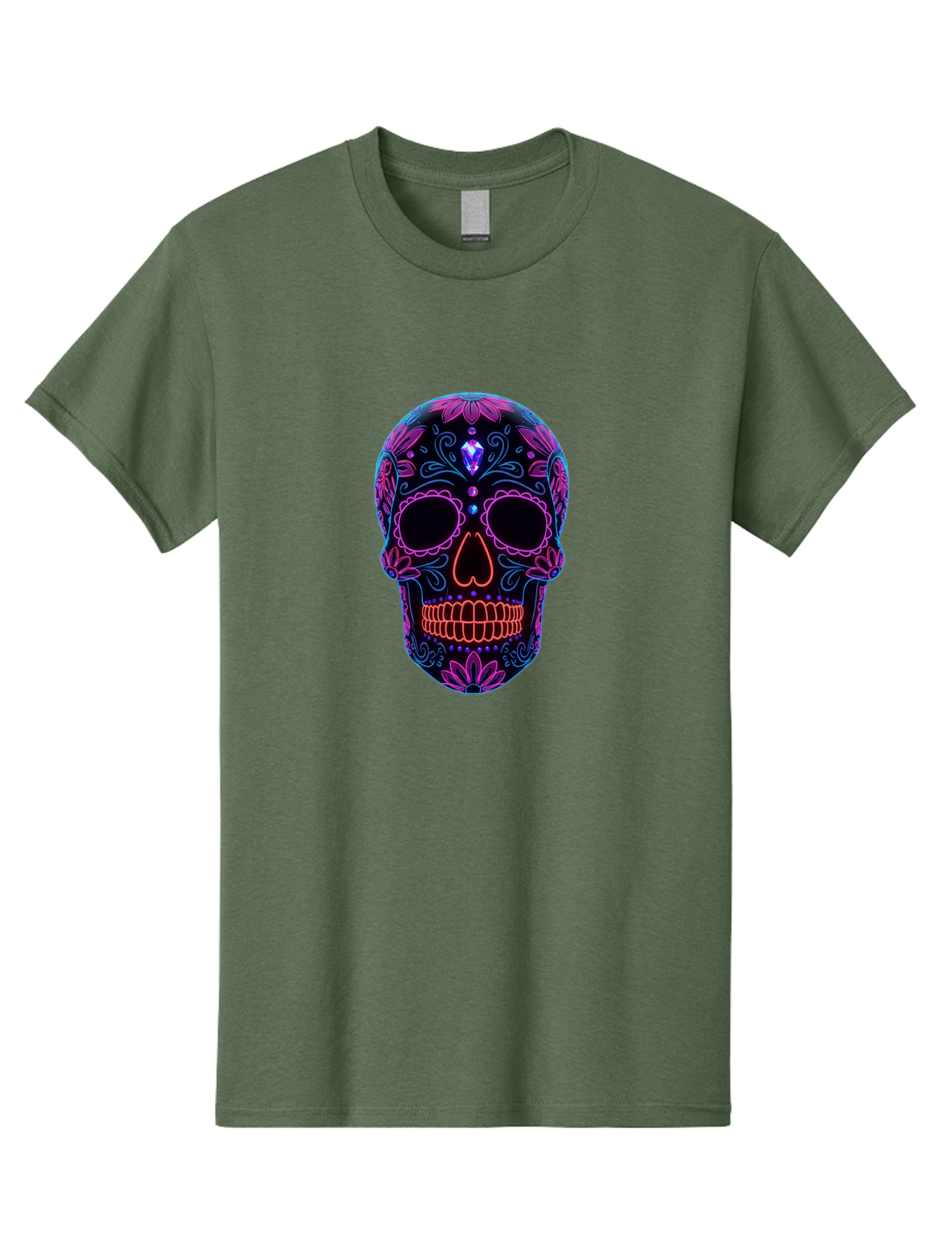 Sugar-Skull-16 Men'S Graphic Tee, 100% Cotton, Comfortable Casual Summer Wear, Machine Washable, Sugar Skull Design, Day Of The Dead, Neon Lights, Floral Patterns, Vibrant Colors, Mexican Culture, Gothic Style, Gemstone Decoration, Bad765 15