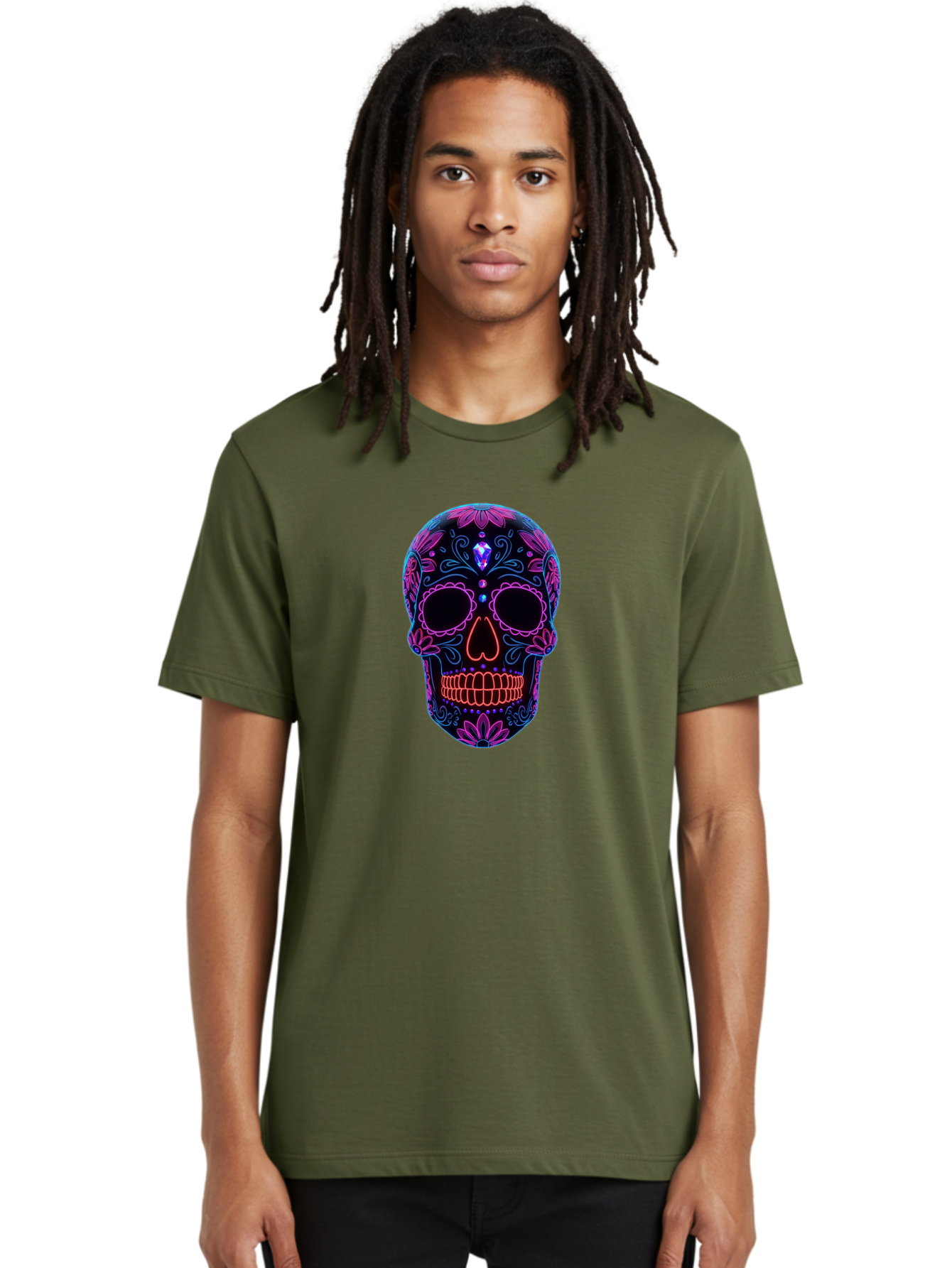 Sugar-Skull-16 Men'S Graphic Tee, 100% Cotton, Comfortable Casual Summer Wear, Machine Washable, Sugar Skull Design, Day Of The Dead, Neon Lights, Floral Patterns, Vibrant Colors, Mexican Culture, Gothic Style, Gemstone Decoration, Bad765 30