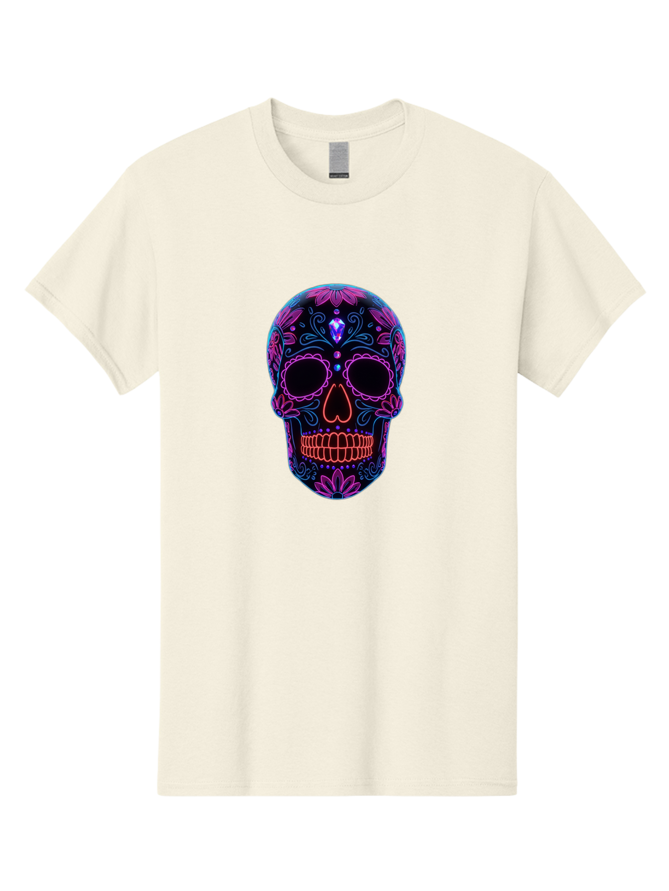Sugar-Skull-16 Men'S Graphic Tee, 100% Cotton, Comfortable Casual Summer Wear, Machine Washable, Sugar Skull Design, Day Of The Dead, Neon Lights, Floral Patterns, Vibrant Colors, Mexican Culture, Gothic Style, Gemstone Decoration, Bad765 1