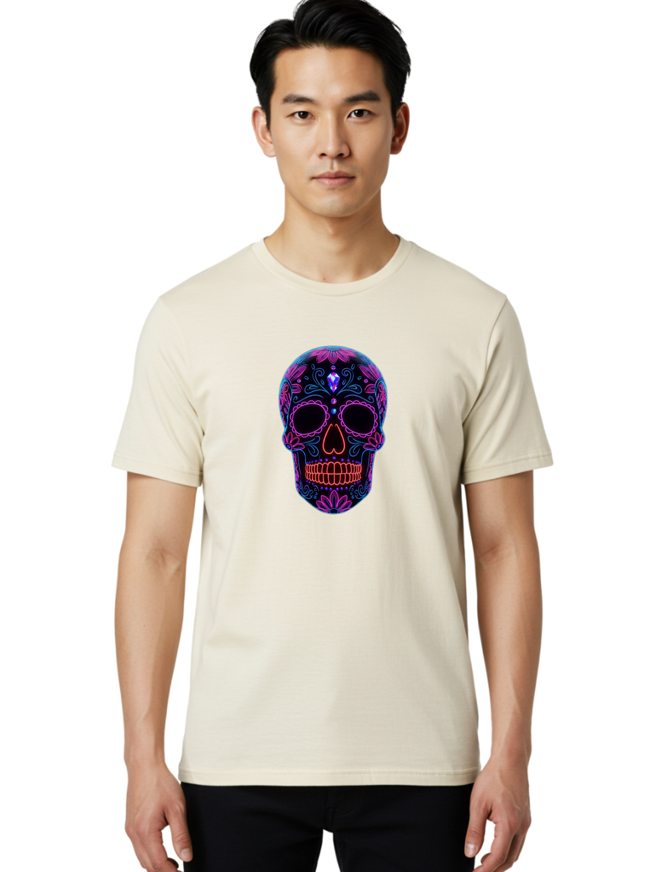 Sugar-Skull-16 Men'S Graphic Tee, 100% Cotton, Comfortable Casual Summer Wear, Machine Washable, Sugar Skull Design, Day Of The Dead, Neon Lights, Floral Patterns, Vibrant Colors, Mexican Culture, Gothic Style, Gemstone Decoration, Bad765 16