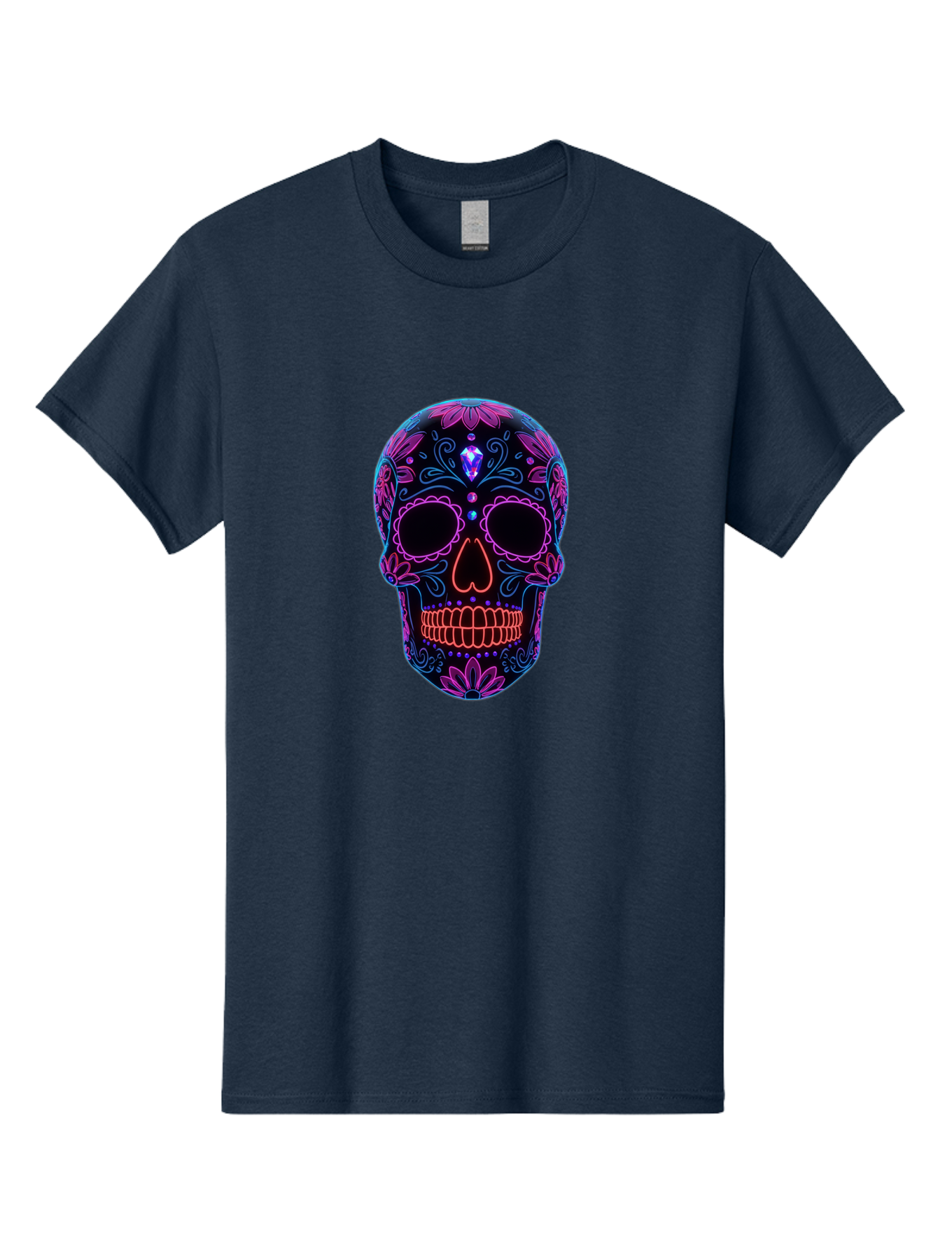 Sugar-Skull-16 Men'S Graphic Tee, 100% Cotton, Comfortable Casual Summer Wear, Machine Washable, Sugar Skull Design, Day Of The Dead, Neon Lights, Floral Patterns, Vibrant Colors, Mexican Culture, Gothic Style, Gemstone Decoration, Bad765 13