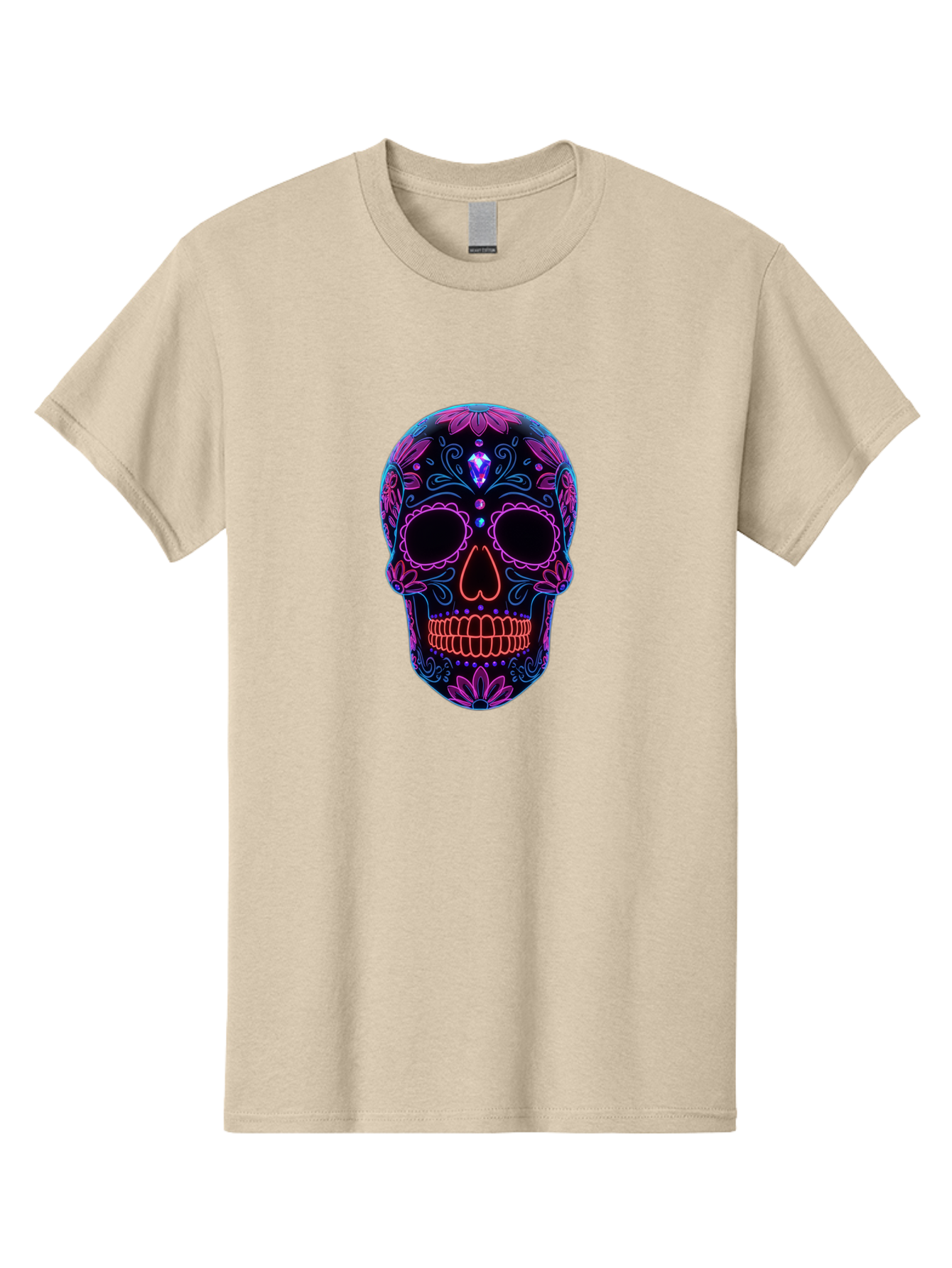 Sugar-Skull-16 Men'S Graphic Tee, 100% Cotton, Comfortable Casual Summer Wear, Machine Washable, Sugar Skull Design, Day Of The Dead, Neon Lights, Floral Patterns, Vibrant Colors, Mexican Culture, Gothic Style, Gemstone Decoration, Bad765 2