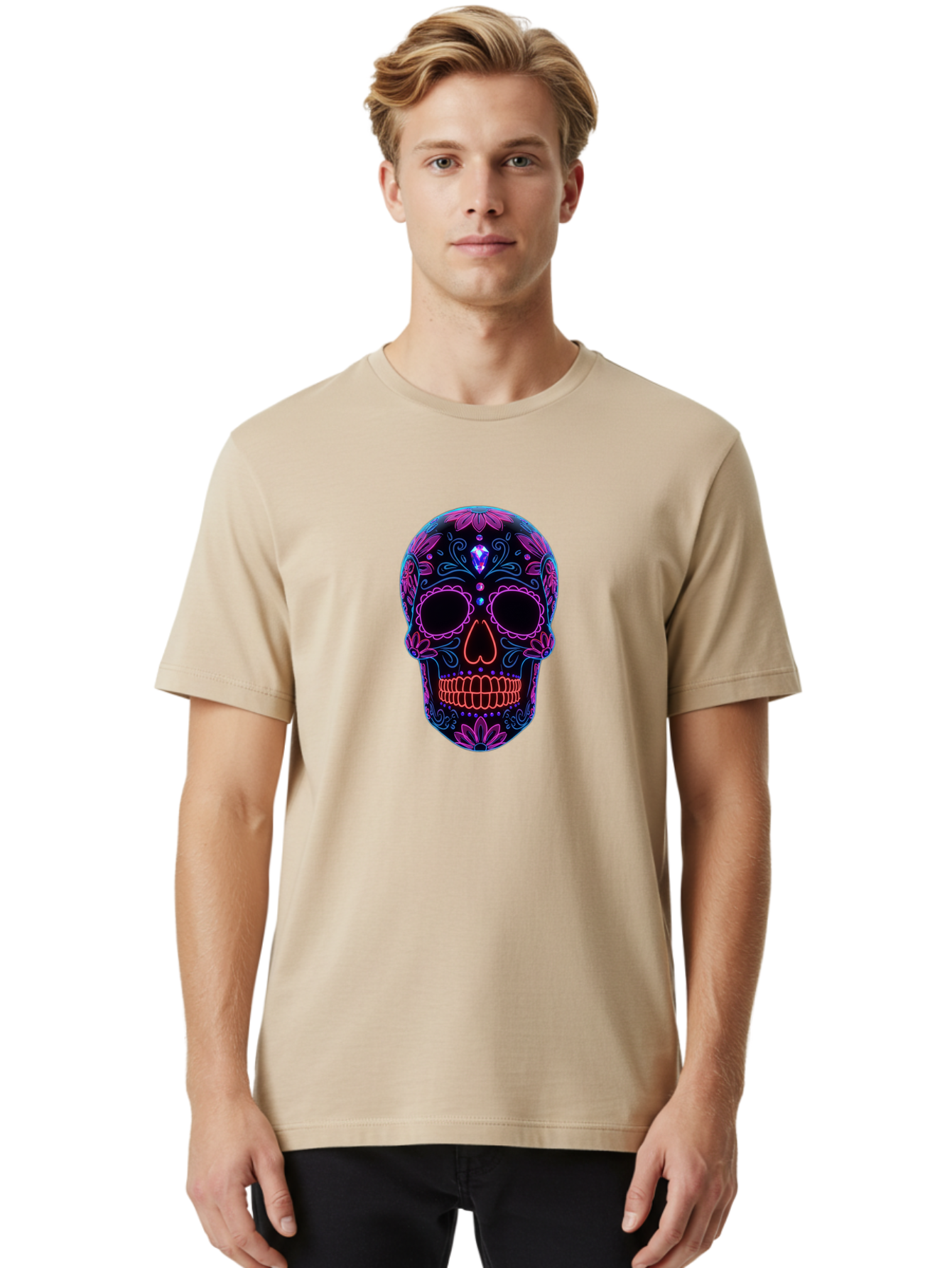 Sugar-Skull-16 Men'S Graphic Tee, 100% Cotton, Comfortable Casual Summer Wear, Machine Washable, Sugar Skull Design, Day Of The Dead, Neon Lights, Floral Patterns, Vibrant Colors, Mexican Culture, Gothic Style, Gemstone Decoration, Bad765 17