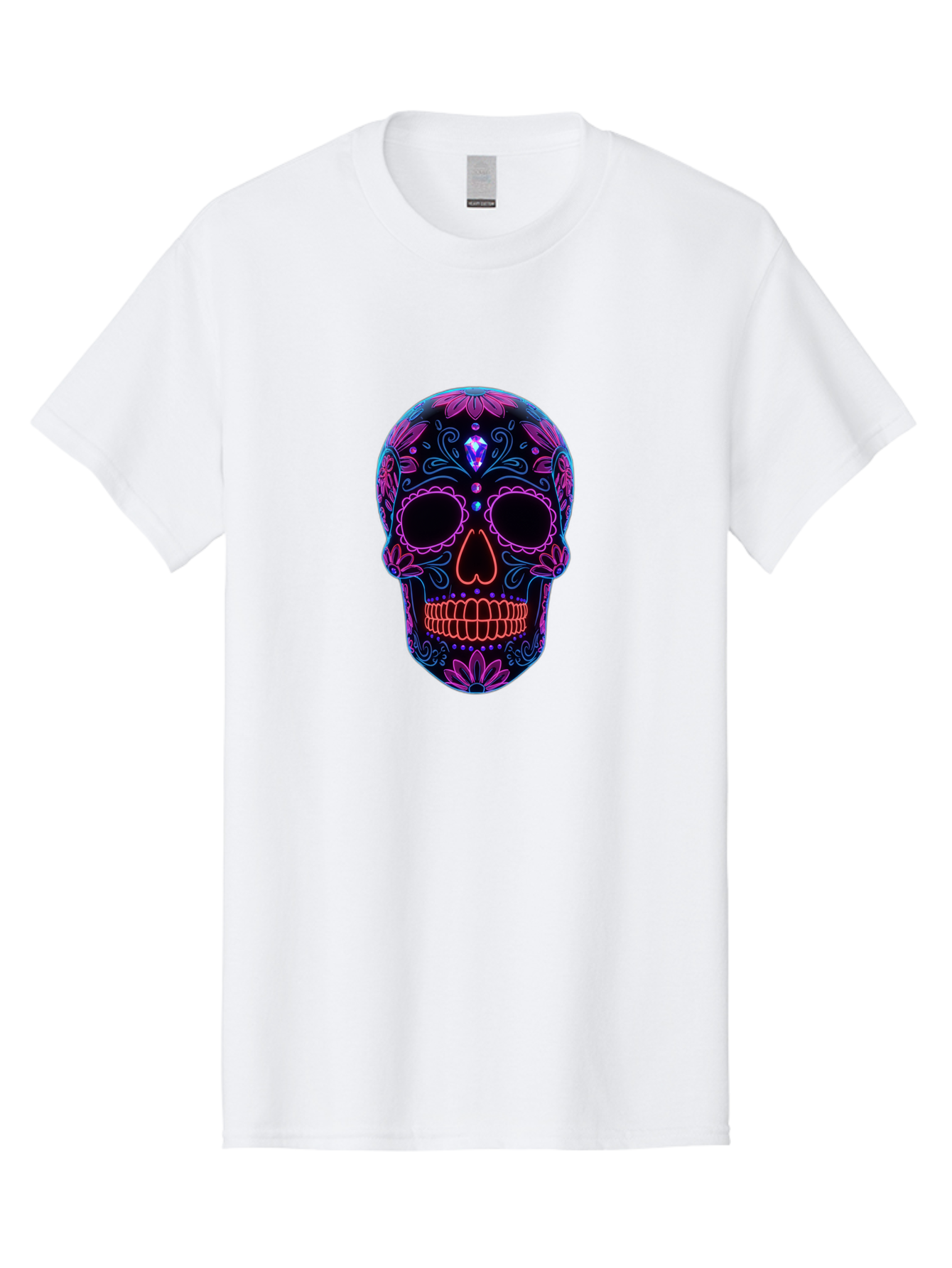 Sugar-Skull-16 Men'S Graphic Tee, 100% Cotton, Comfortable Casual Summer Wear, Machine Washable, Sugar Skull Design, Day Of The Dead, Neon Lights, Floral Patterns, Vibrant Colors, Mexican Culture, Gothic Style, Gemstone Decoration, Bad765 14