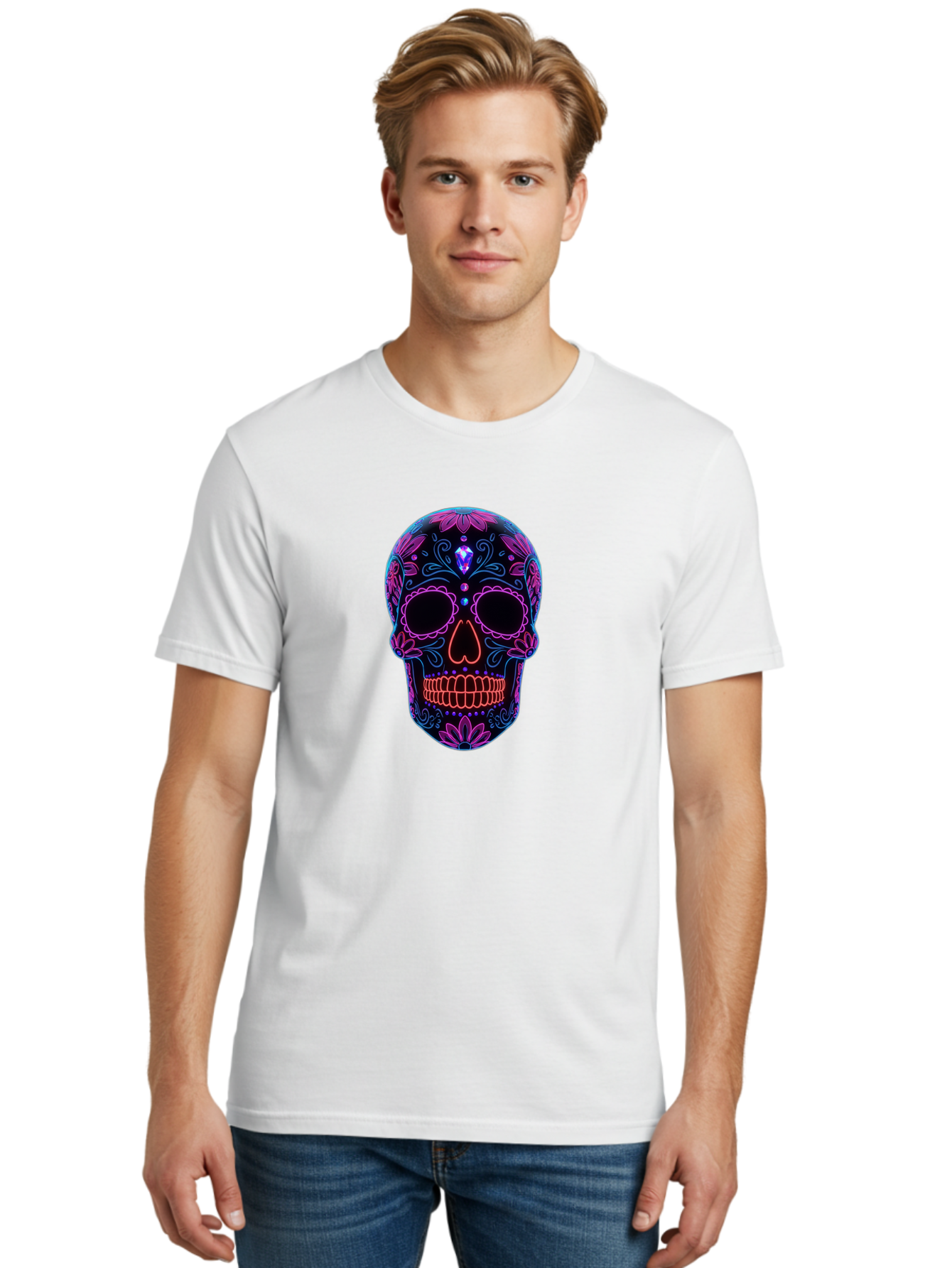 Sugar-Skull-16 Men'S Graphic Tee, 100% Cotton, Comfortable Casual Summer Wear, Machine Washable, Sugar Skull Design, Day Of The Dead, Neon Lights, Floral Patterns, Vibrant Colors, Mexican Culture, Gothic Style, Gemstone Decoration, Bad765 29
