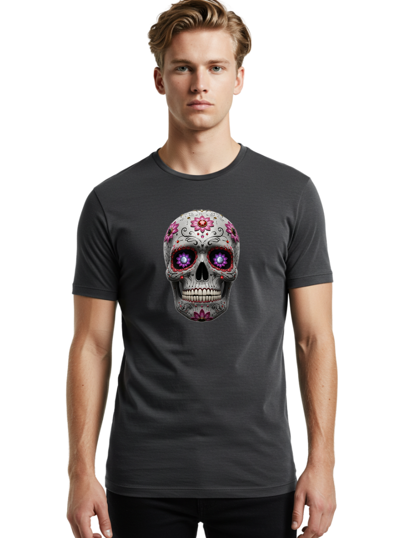 Sugar-Skull-17 Men'S Graphic Tee, 100% Cotton, Comfortable Casual Summer Wear, Machine Washable, Sugar Skull, Day Of The Dead, Skull Art, Floral Designs, Vibrant Colors, Intricate Patterns, Gothic Style, Mystical Symbols, Jewelry Designs, Bad766 18