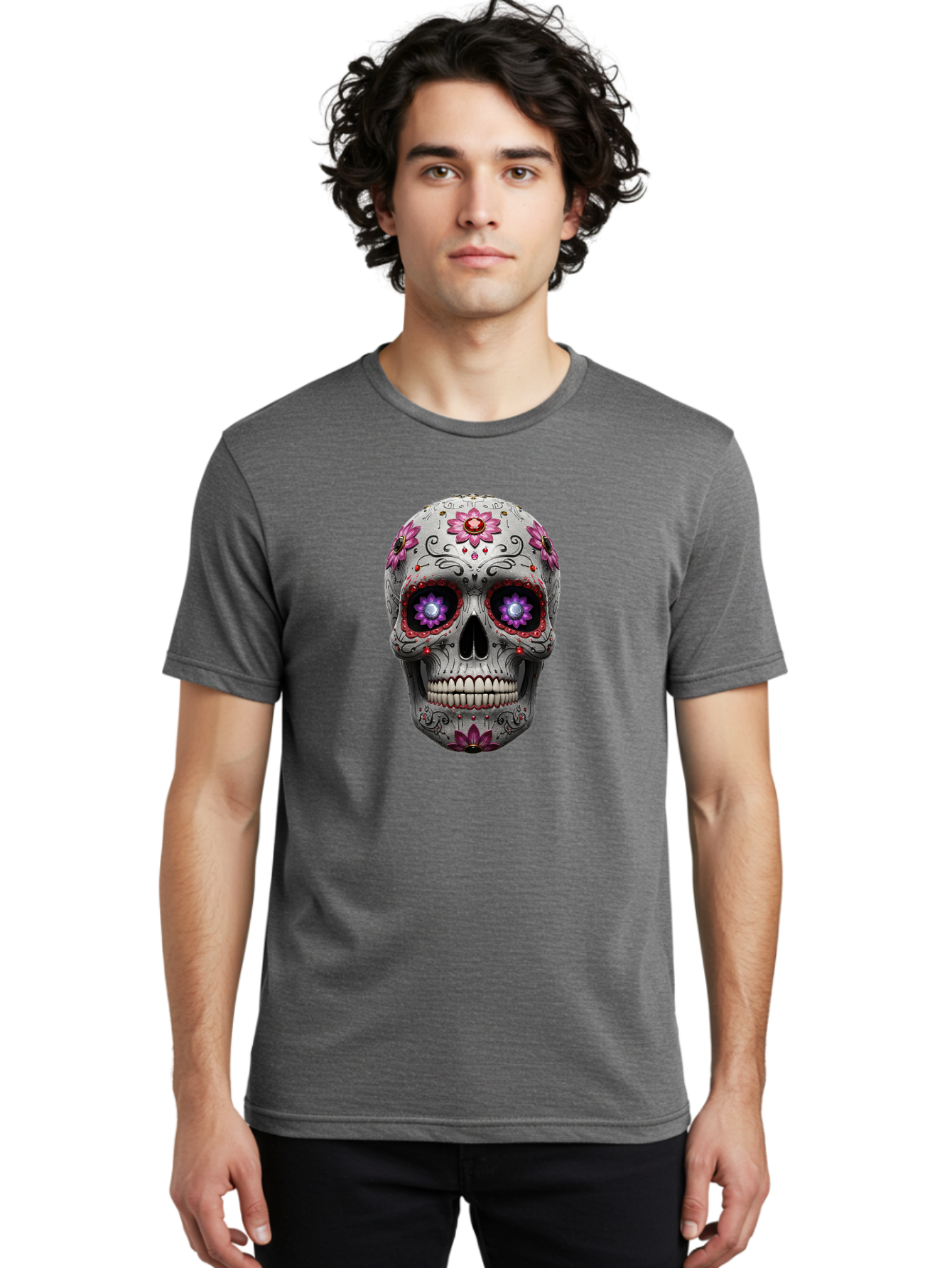Sugar-Skull-17 Men'S Graphic Tee, 100% Cotton, Comfortable Casual Summer Wear, Machine Washable, Sugar Skull, Day Of The Dead, Skull Art, Floral Designs, Vibrant Colors, Intricate Patterns, Gothic Style, Mystical Symbols, Jewelry Designs, Bad766 19