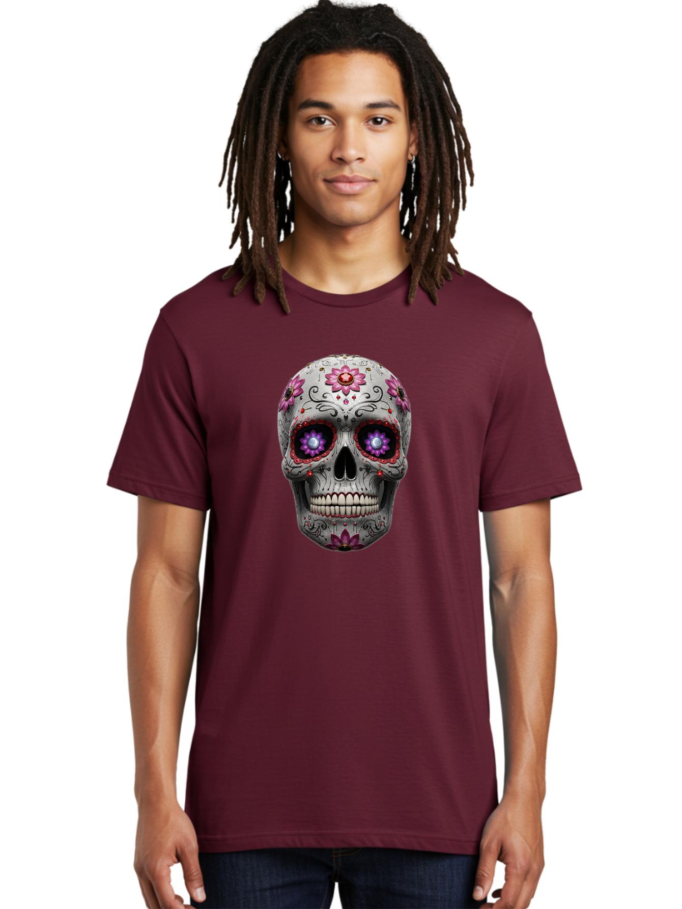 Sugar-Skull-17 Men'S Graphic Tee, 100% Cotton, Comfortable Casual Summer Wear, Machine Washable, Sugar Skull, Day Of The Dead, Skull Art, Floral Designs, Vibrant Colors, Intricate Patterns, Gothic Style, Mystical Symbols, Jewelry Designs, Bad766 17